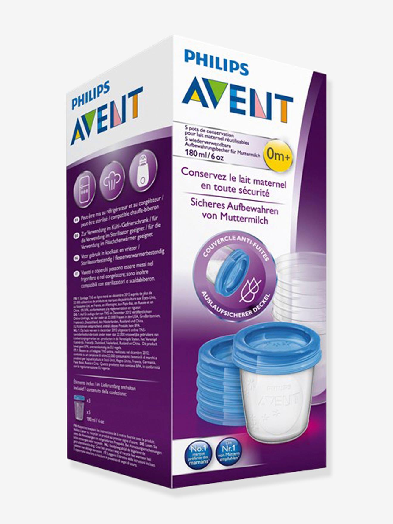 Lot de 5 pots de conservation pour lait maternel Philips AVENT transparent (Philips Avent) - Image 1
