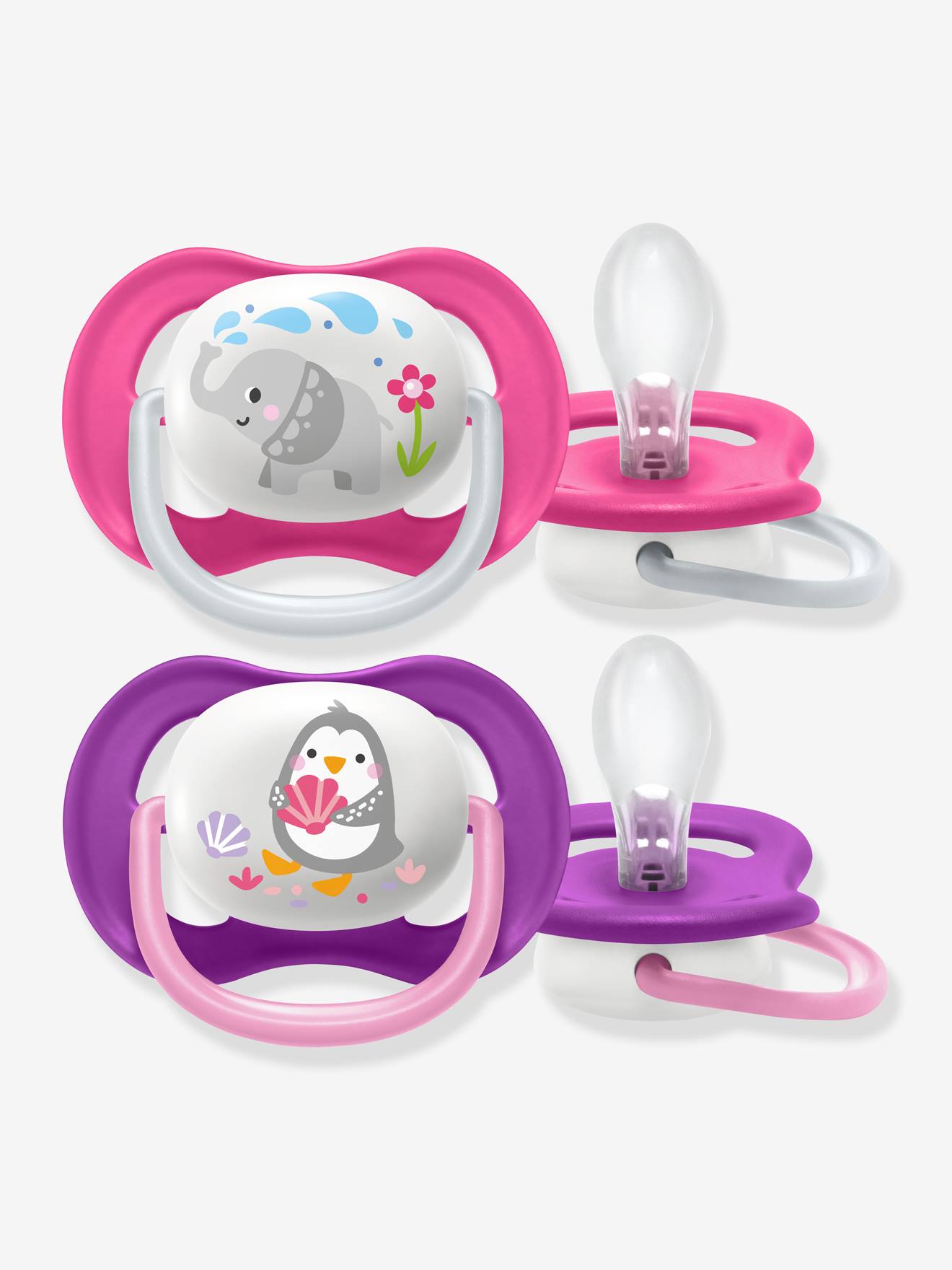 Lot de 2 sucettes Ultra air animals 2e âge Philips AVENT pingouin + éléphant