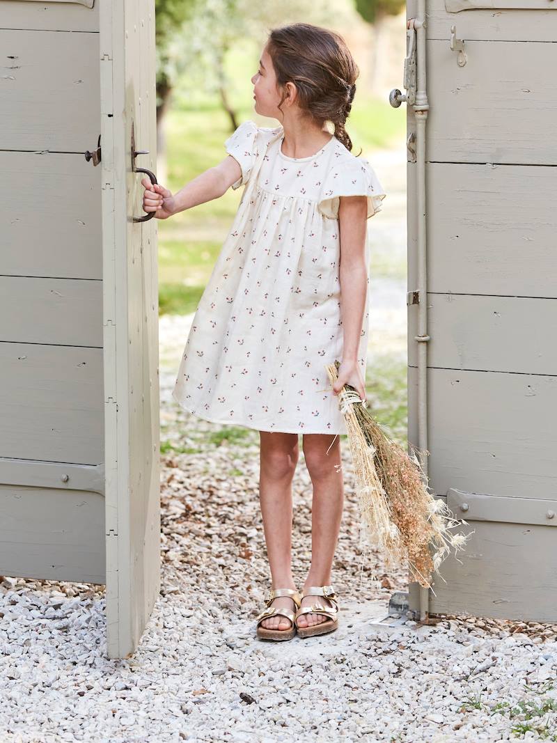 Robe fille en gaze de coton imprimée manches papillon ivoire imprimé