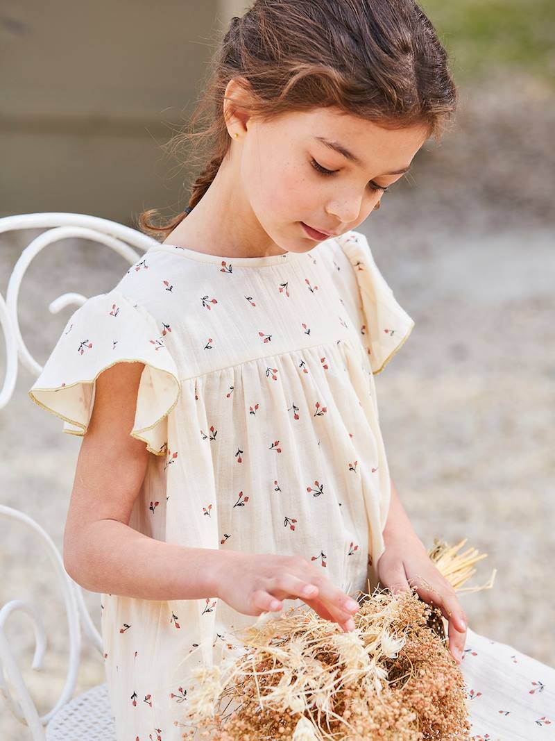 Robe fille en gaze de coton imprimée manches papillon ivoire imprimé