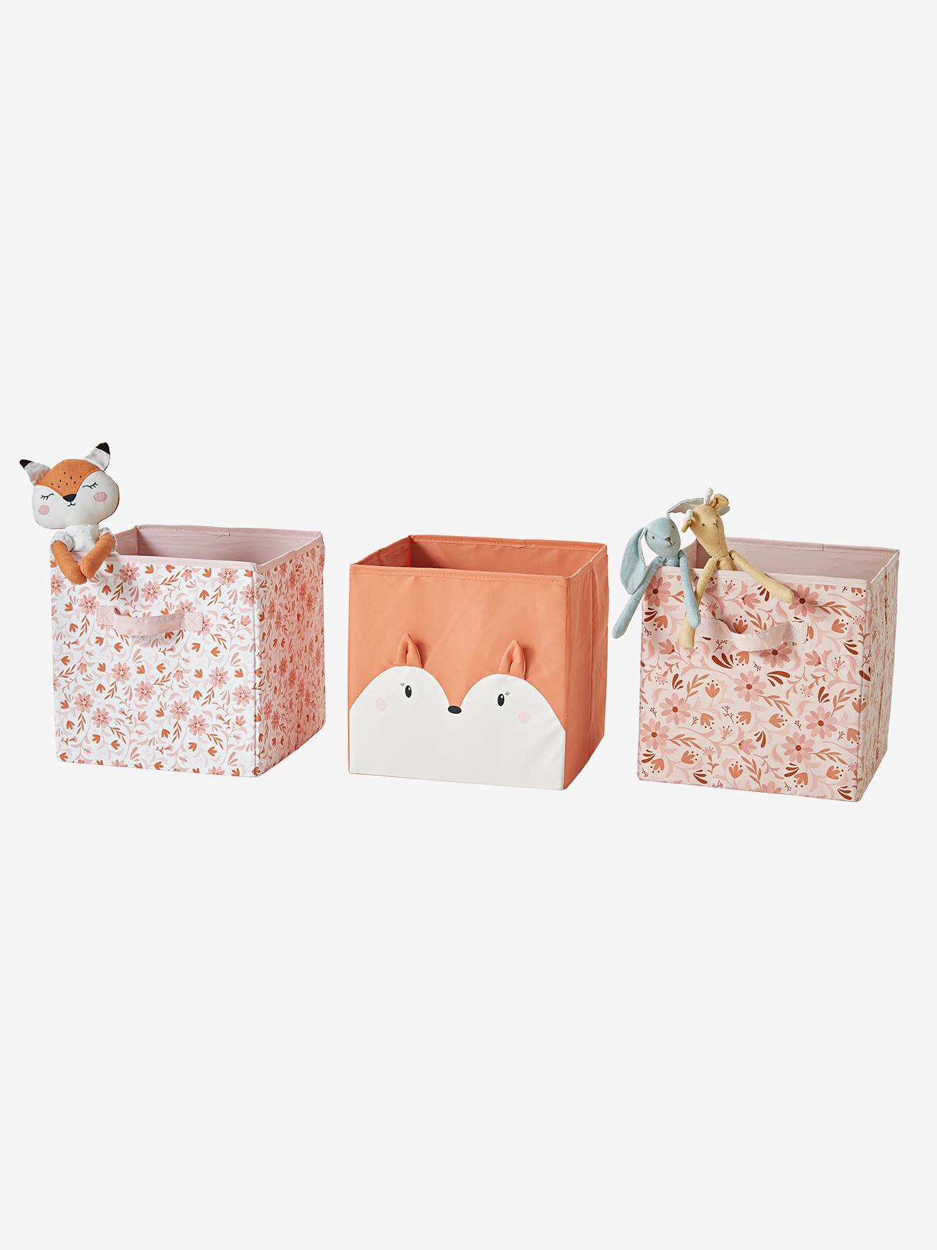 Lot de 3 bacs de rangement Renard fleurs rose