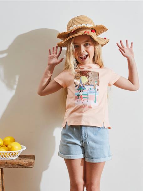 T-shirt motif 'city' fille manches courtes Oeko-Tex® blanc+parme+rose poudré 16 - vertbaudet enfant 