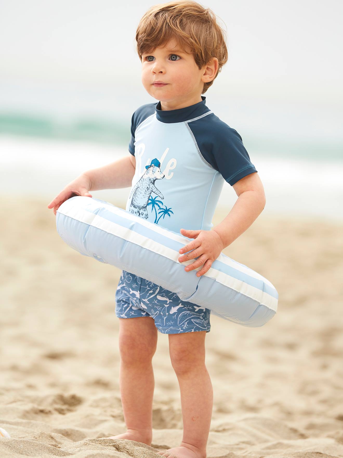 Ensemble de bain anti-UV bébé garçon bonnet + T-shirt bleu