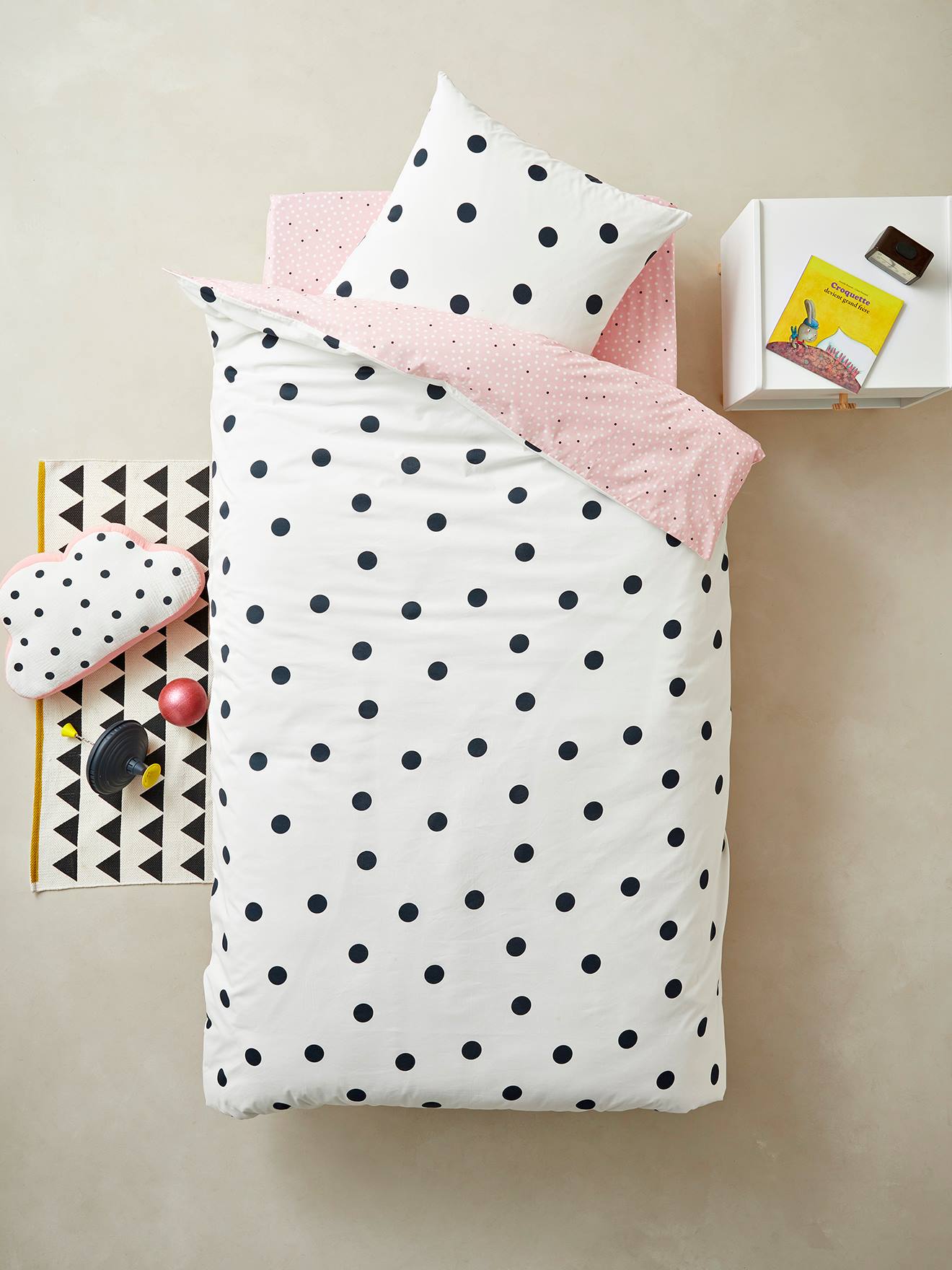 Parure housse de couette + taie d'oreiller enfant DREAM BIG Oeko-Tex® écru / pois noir