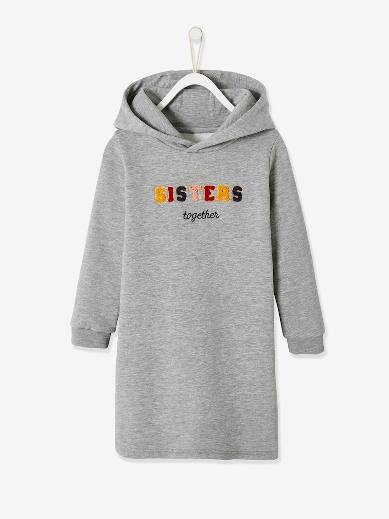Robe molleton à capuche fille détails fantaisie encre imprimé Vertbaudet