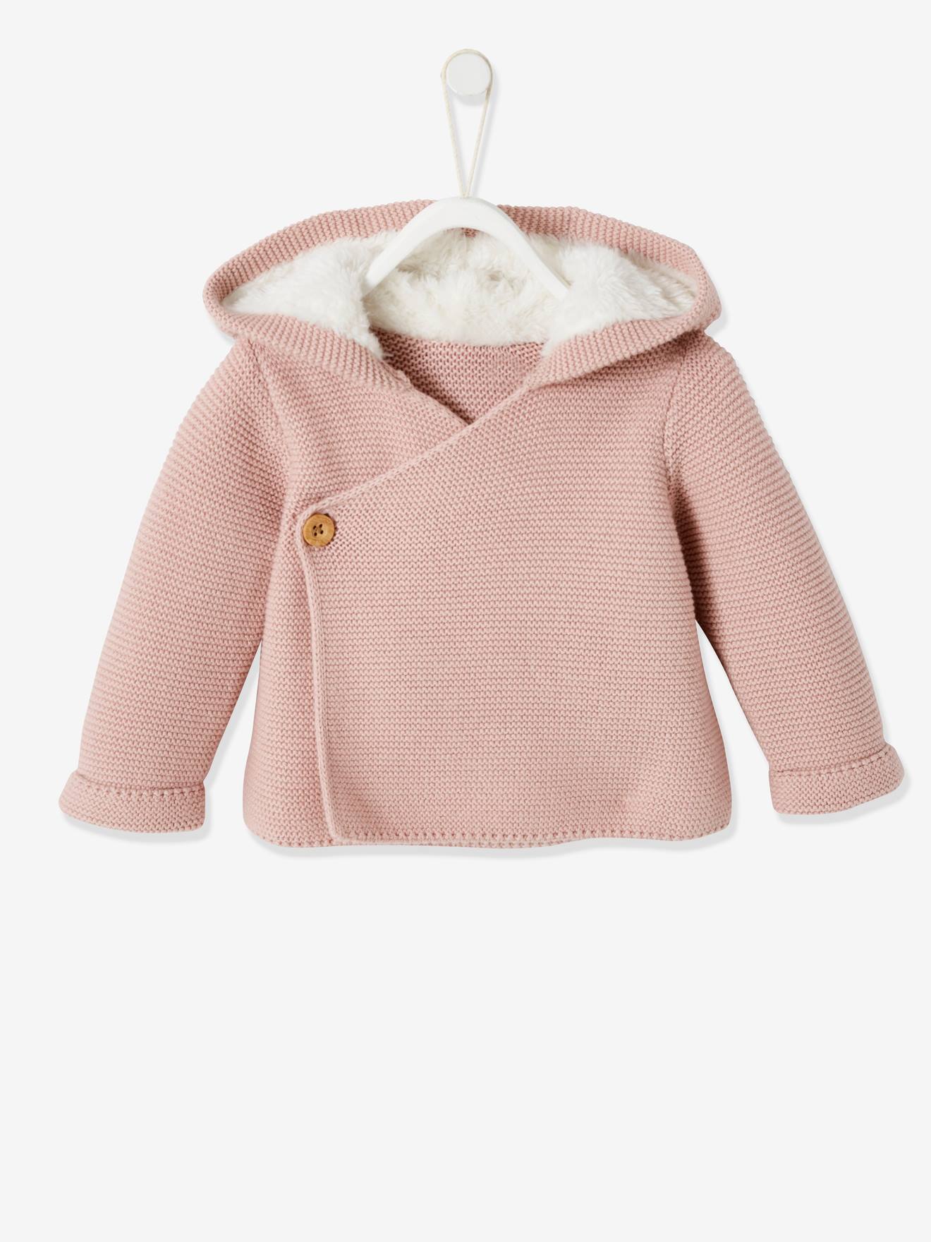 Vertbaudet - Cardigan avec capuche doublée fausse fourrure bébé rose pale - Vertbaudet