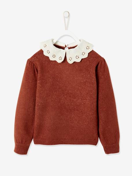 Pull fantaisie col en broderie anglaise fille cacao 2 - vertbaudet enfant 