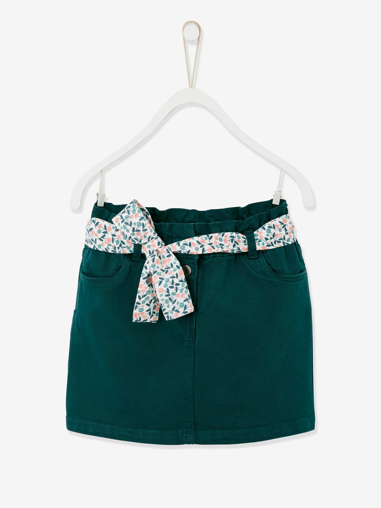 Jupe style paperbag fille ceinture foulard fleurie vert foncé
