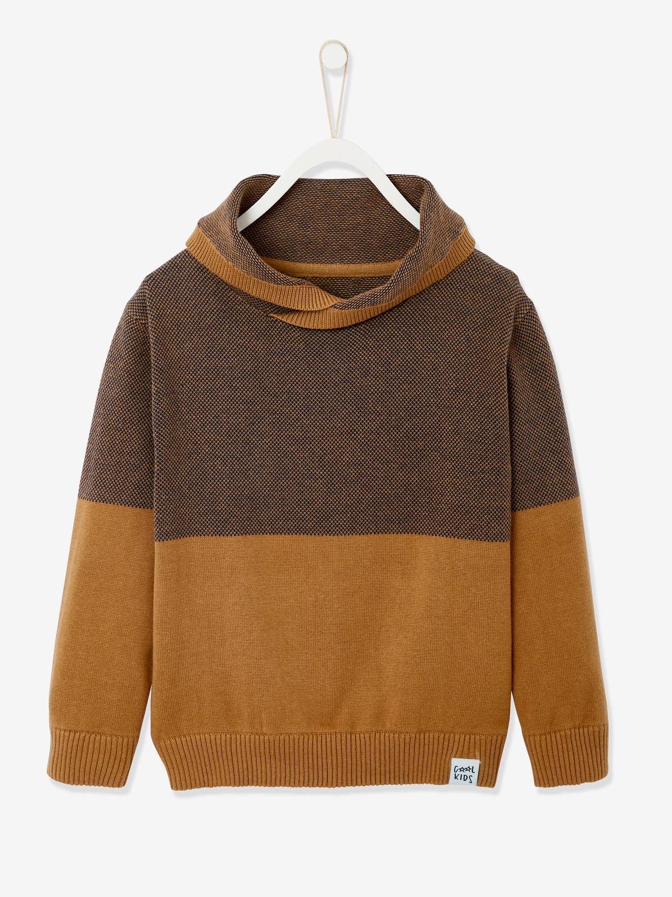 Pull col croisé en maille fantaisie effet color block garçon noisette