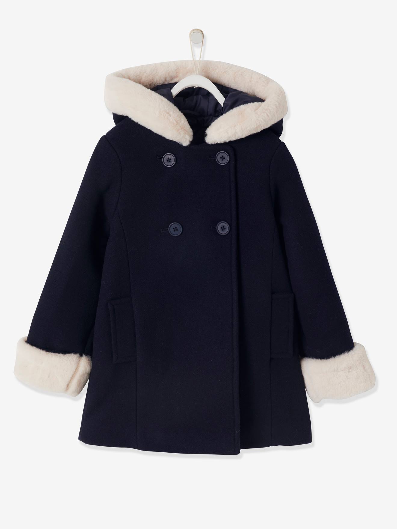 Manteau à capuche en drap de laine fille garnissage en polyester recyclé  bleu marine - Vertbaudet