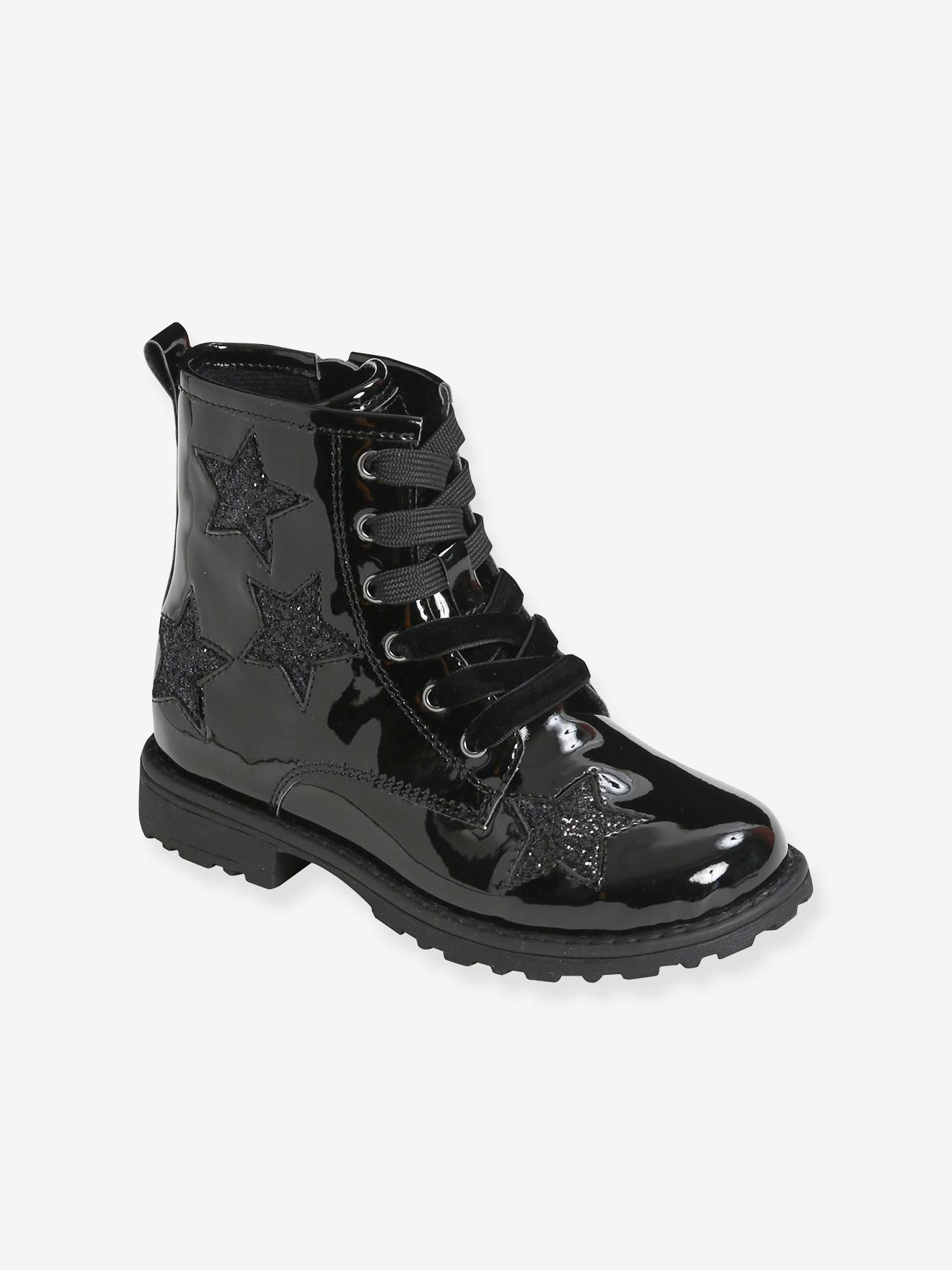 Bottines fille à lacets noir avec étoile paillette
