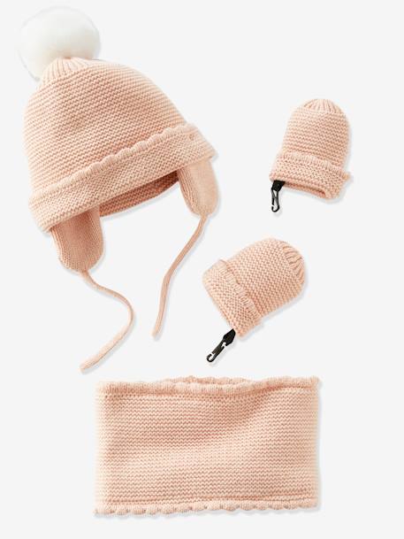 Ensemble Bonnet Snood Moufles Bebe Fille Oeko Tex Rose Poudre Vertbaudet