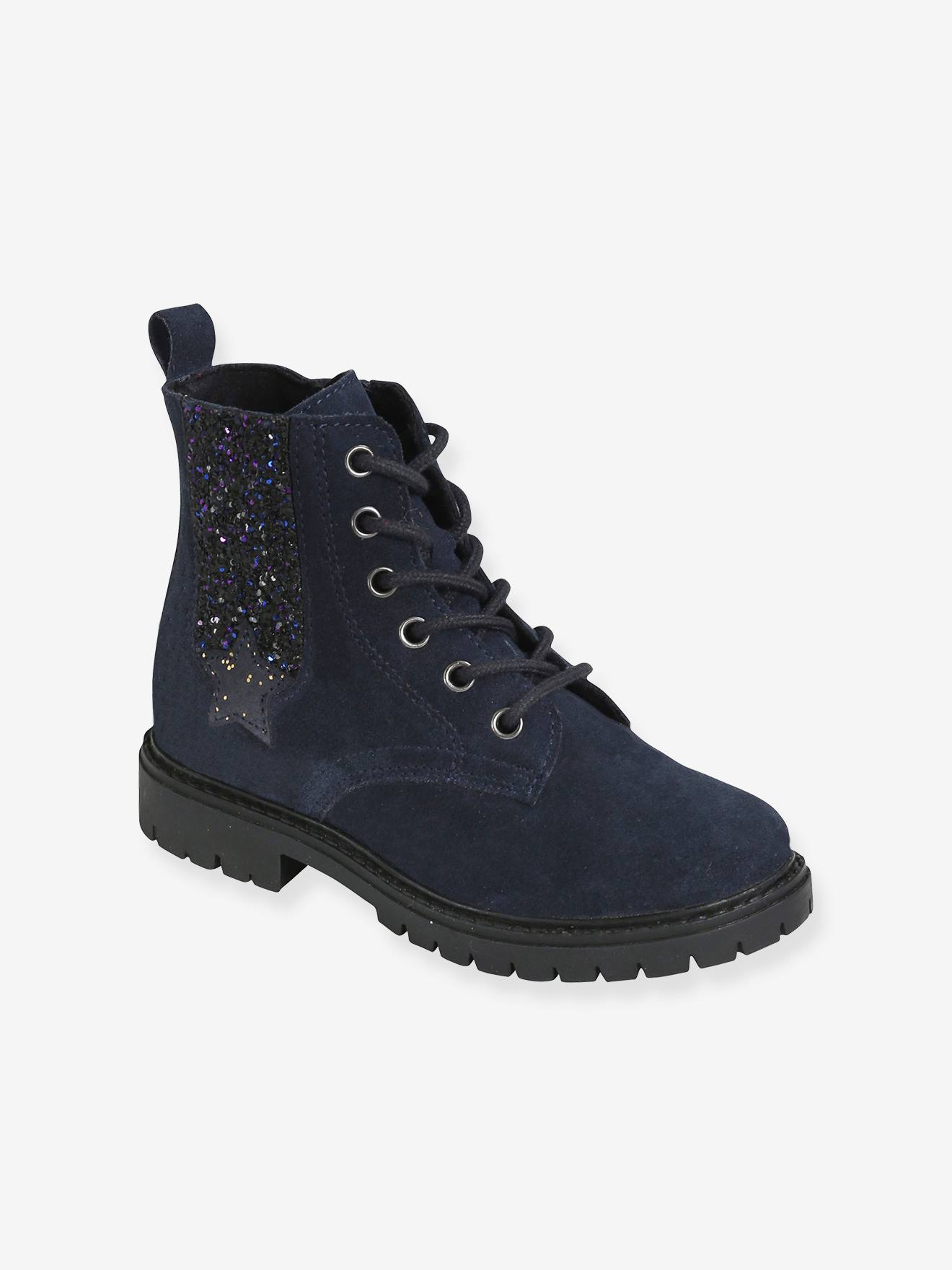 Bottines cuir fille lacées, zippées et élastiquées bleu marine