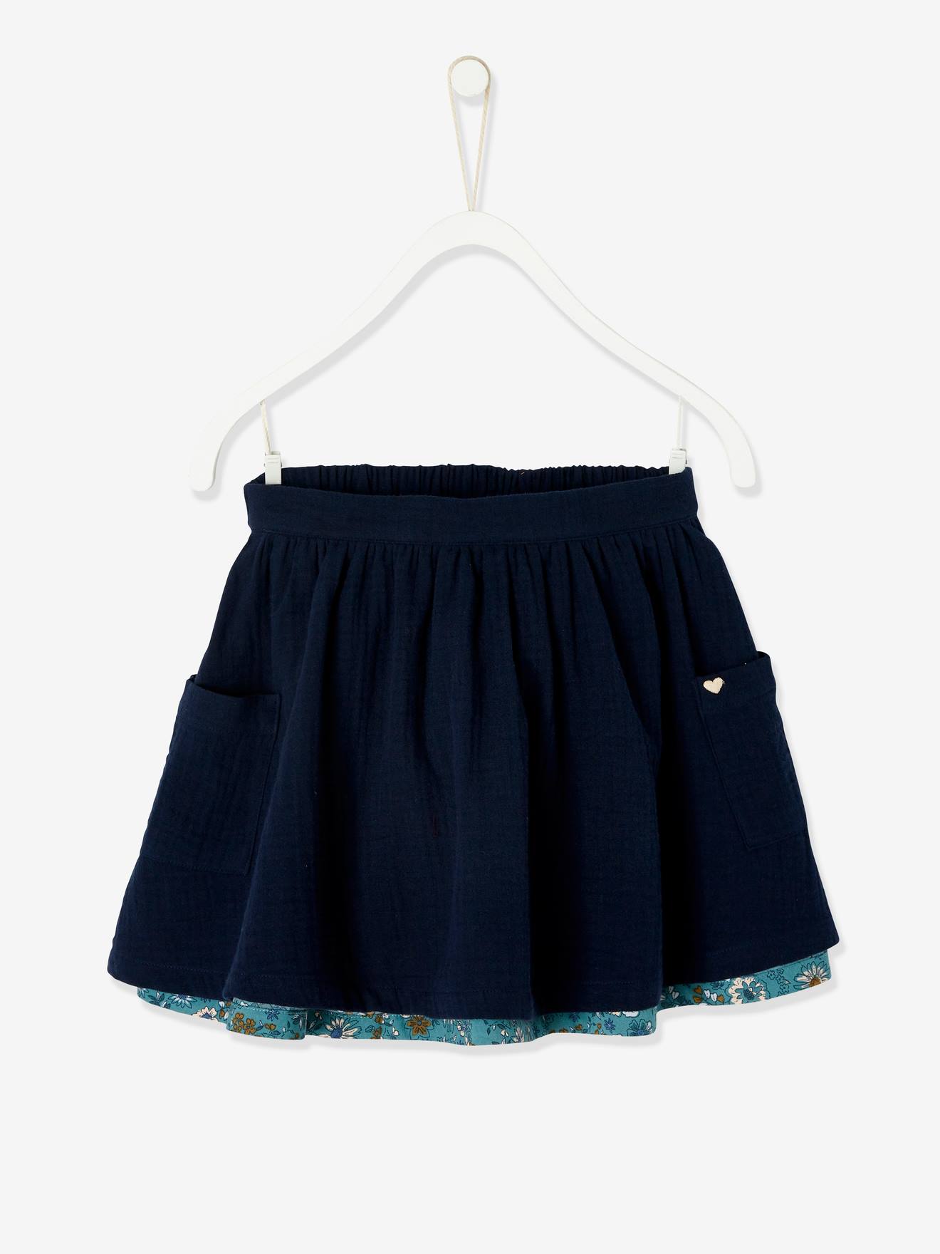 Jupe réversible fille en gaze de coton et imprimé fleurs marine reversible vert imprmé