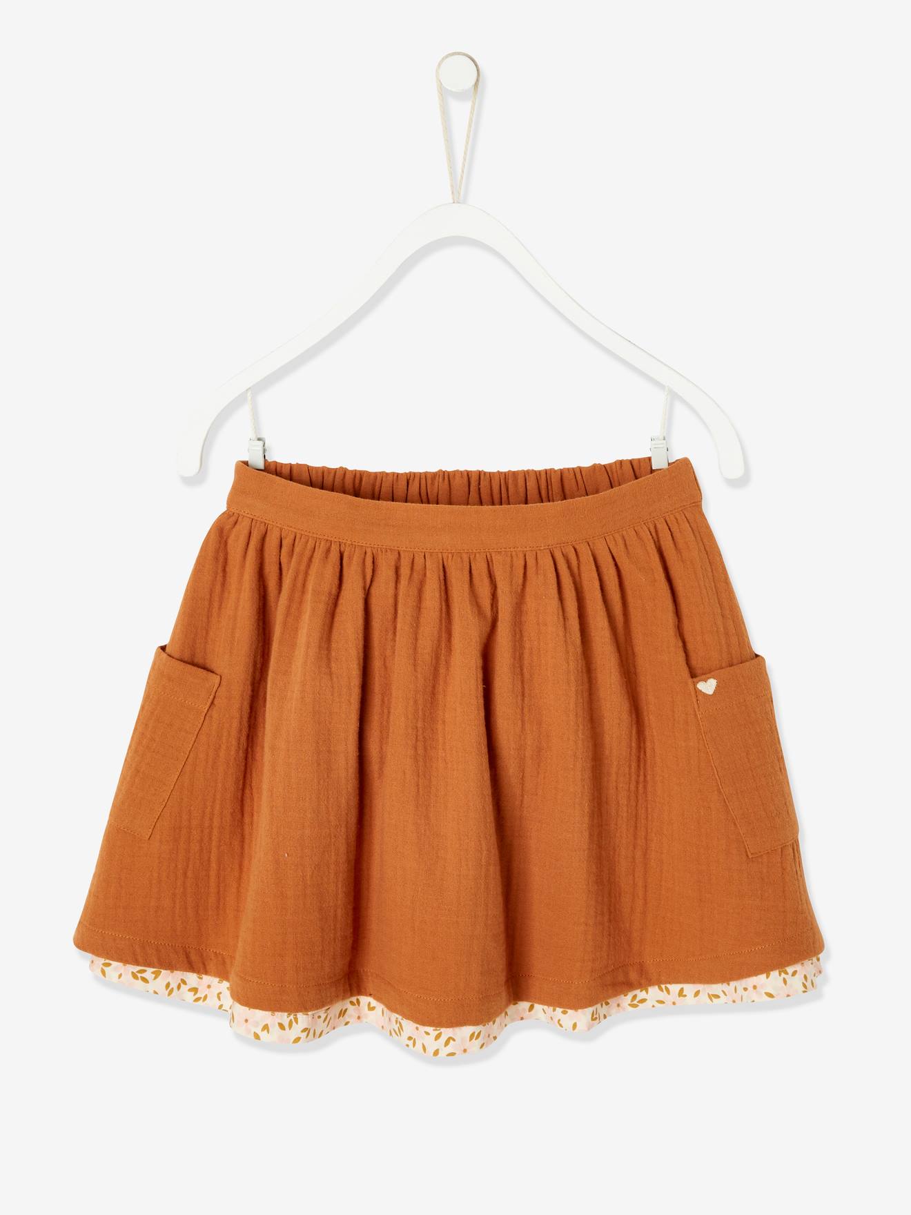 Jupe réversible fille en gaze de coton et imprimé fleurs caramel