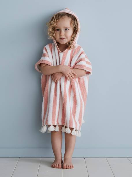 Vertbaudet - Poncho de bain bébé à rayures personnalisable rose