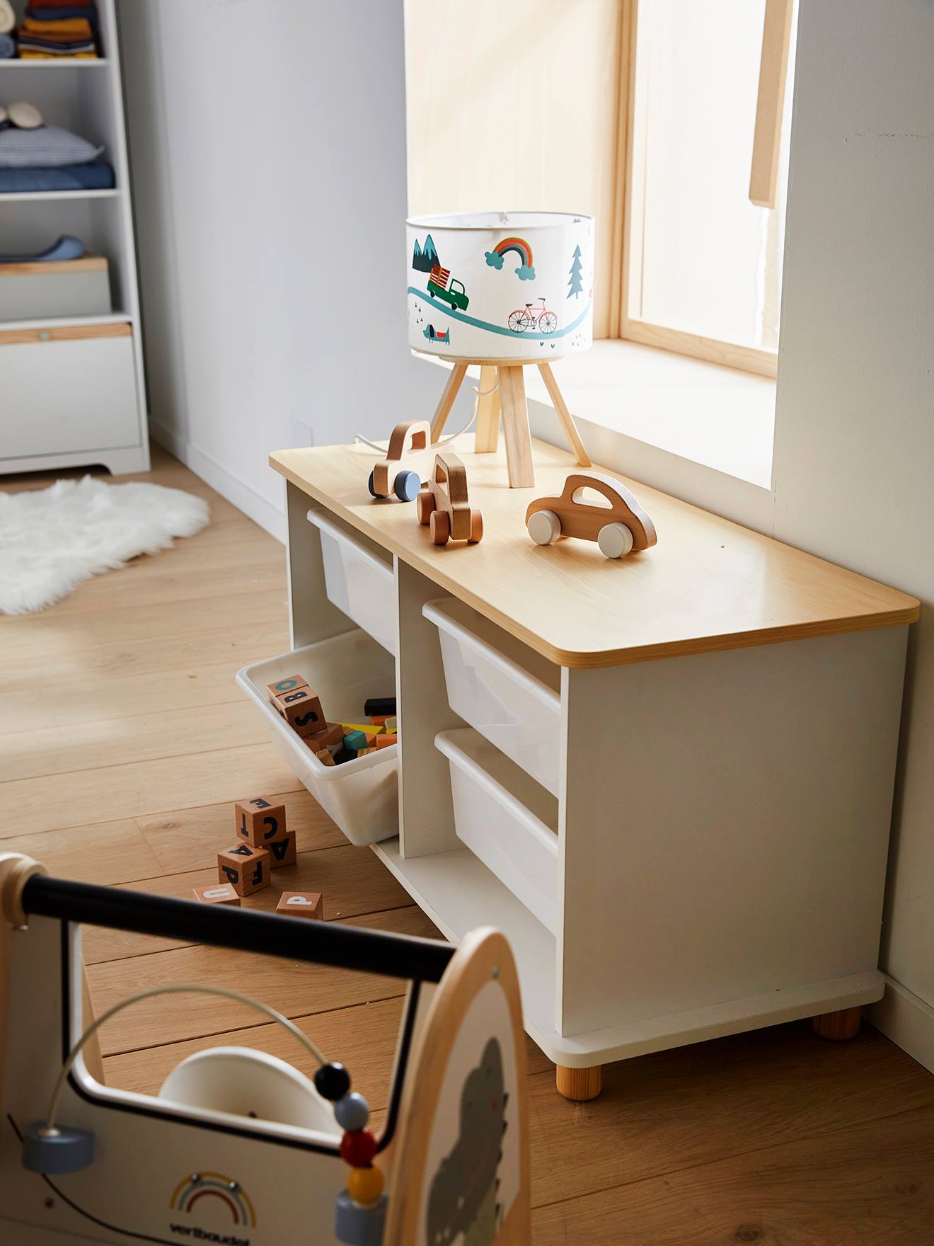 Meuble de rangement + 4 bacs LIGNE PTILOU blanc/bois