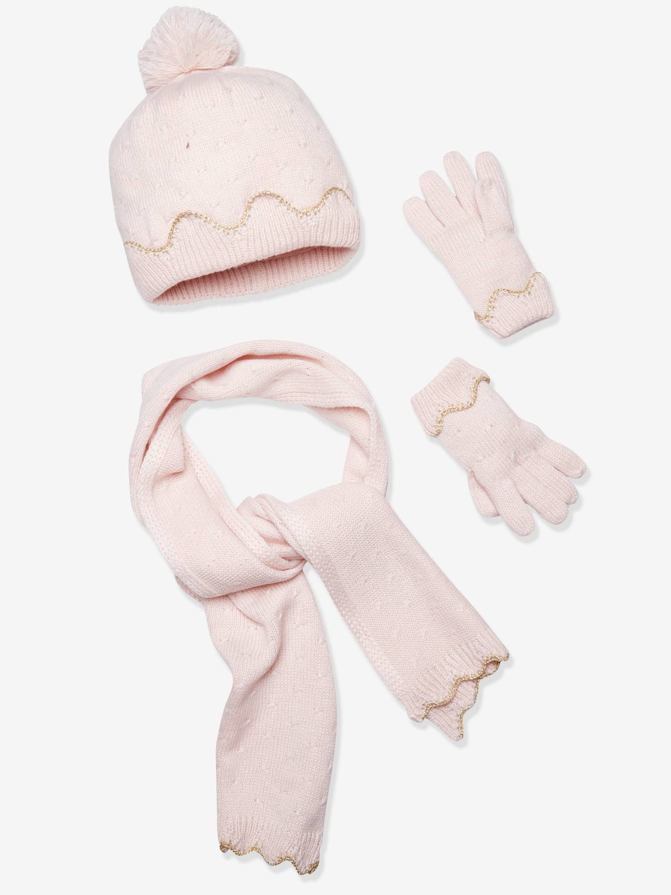 Ensemble fille bonnet + écharpe + gants rose