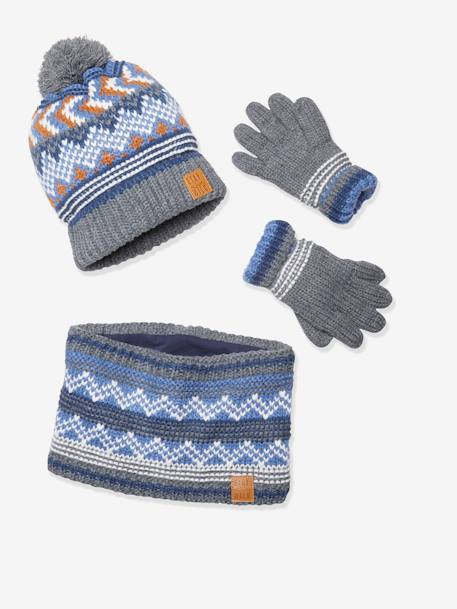 Ensemble Rayé Garçon Bonnet + Snood + Moufles/gants - Kaki, Garçon