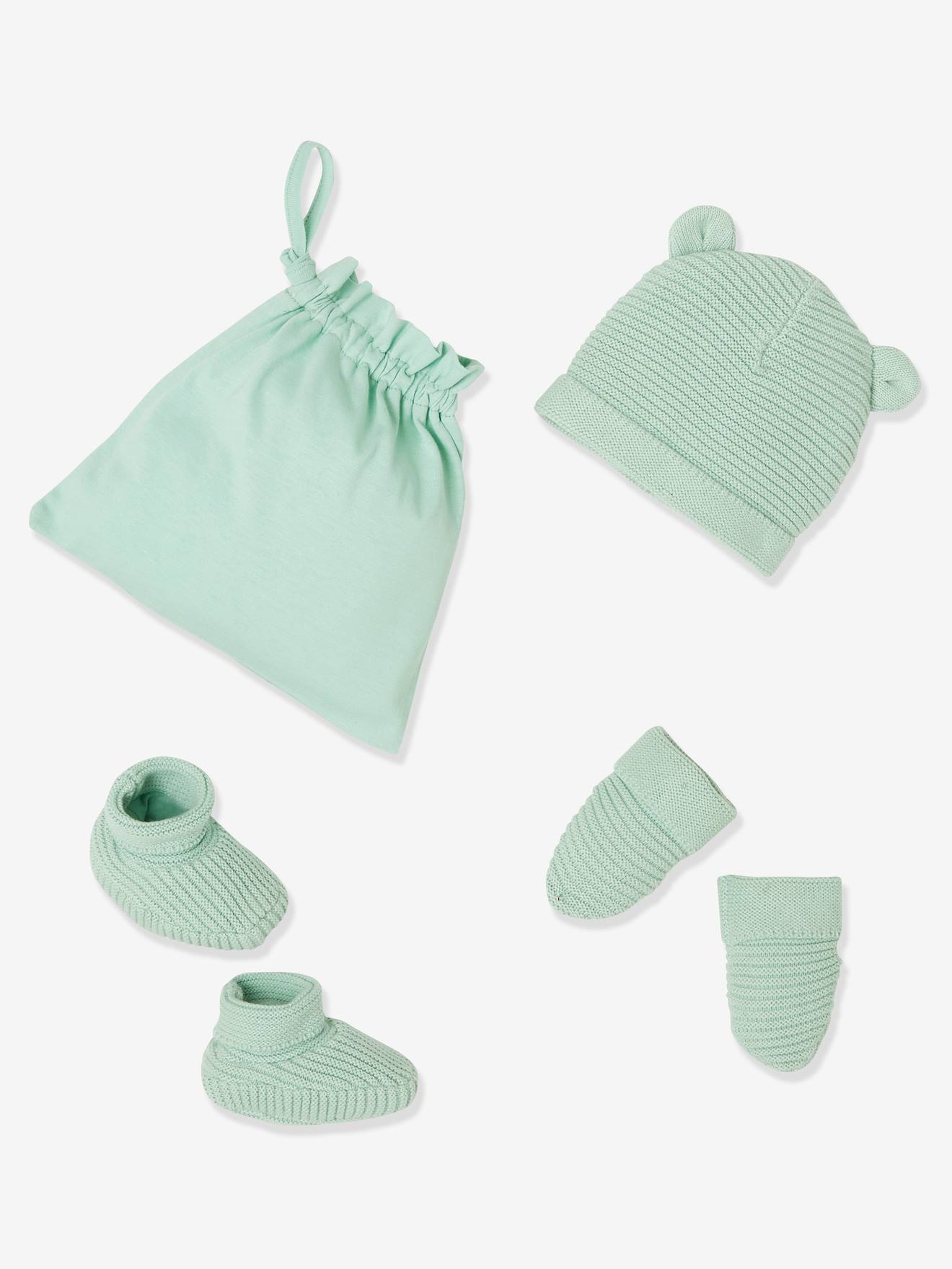 Ensemble bonnet, moufles et chaussons bébé naissance et son sac assorti vert sauge