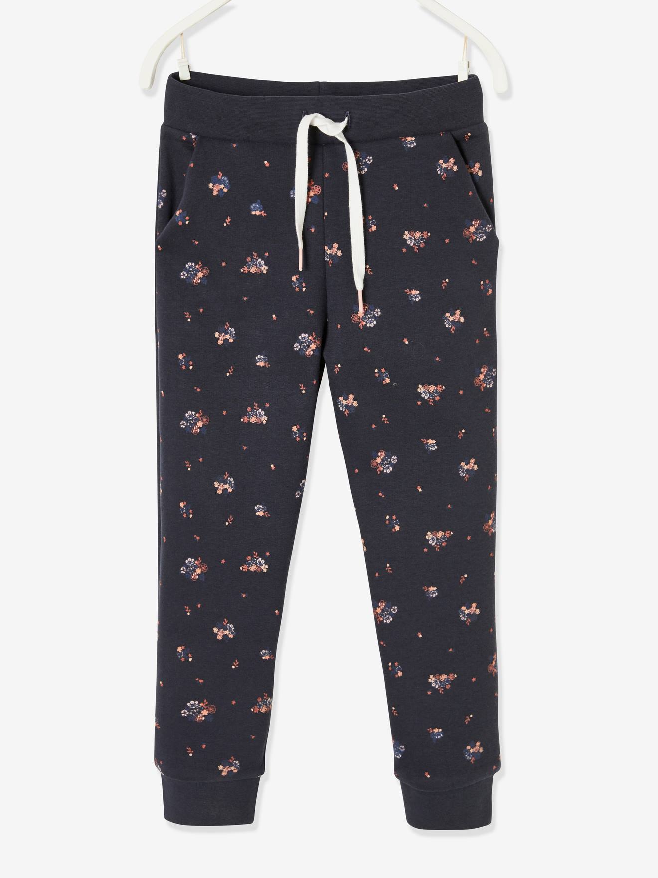 Pantalon jogging imprimé fleurs fille en molleton bleu foncé imprimé
