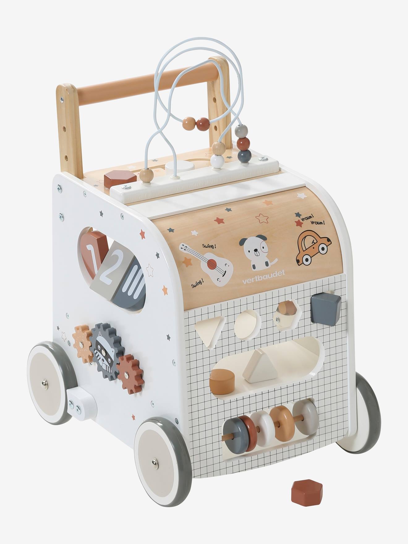 Chariot de marche cube d'activités avec freins en bois FSC® multicolore - Vertbaudet