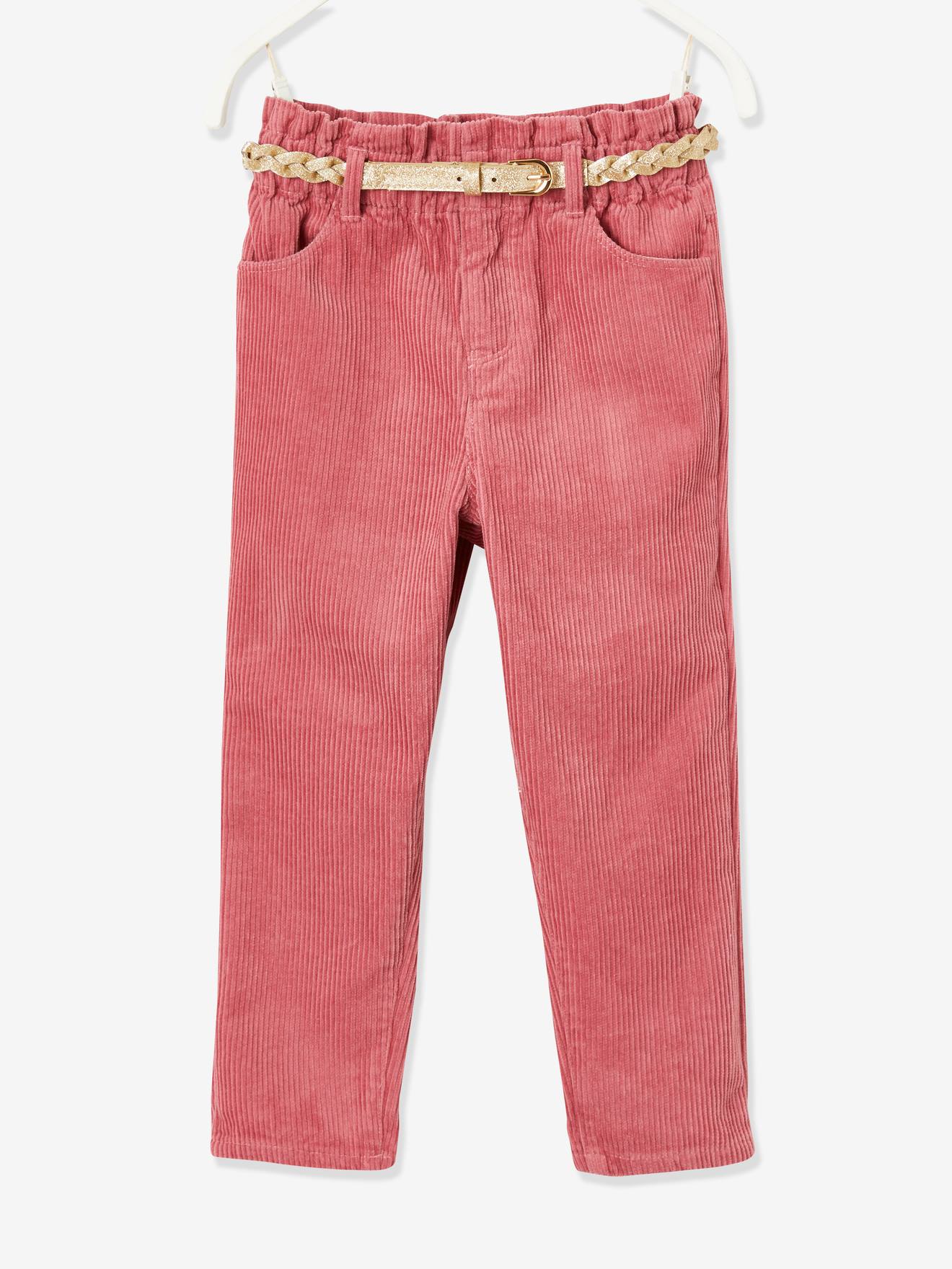 Pantalon paperbag fille en velours côtelé et sa ceinture tressée irisée rose foncé