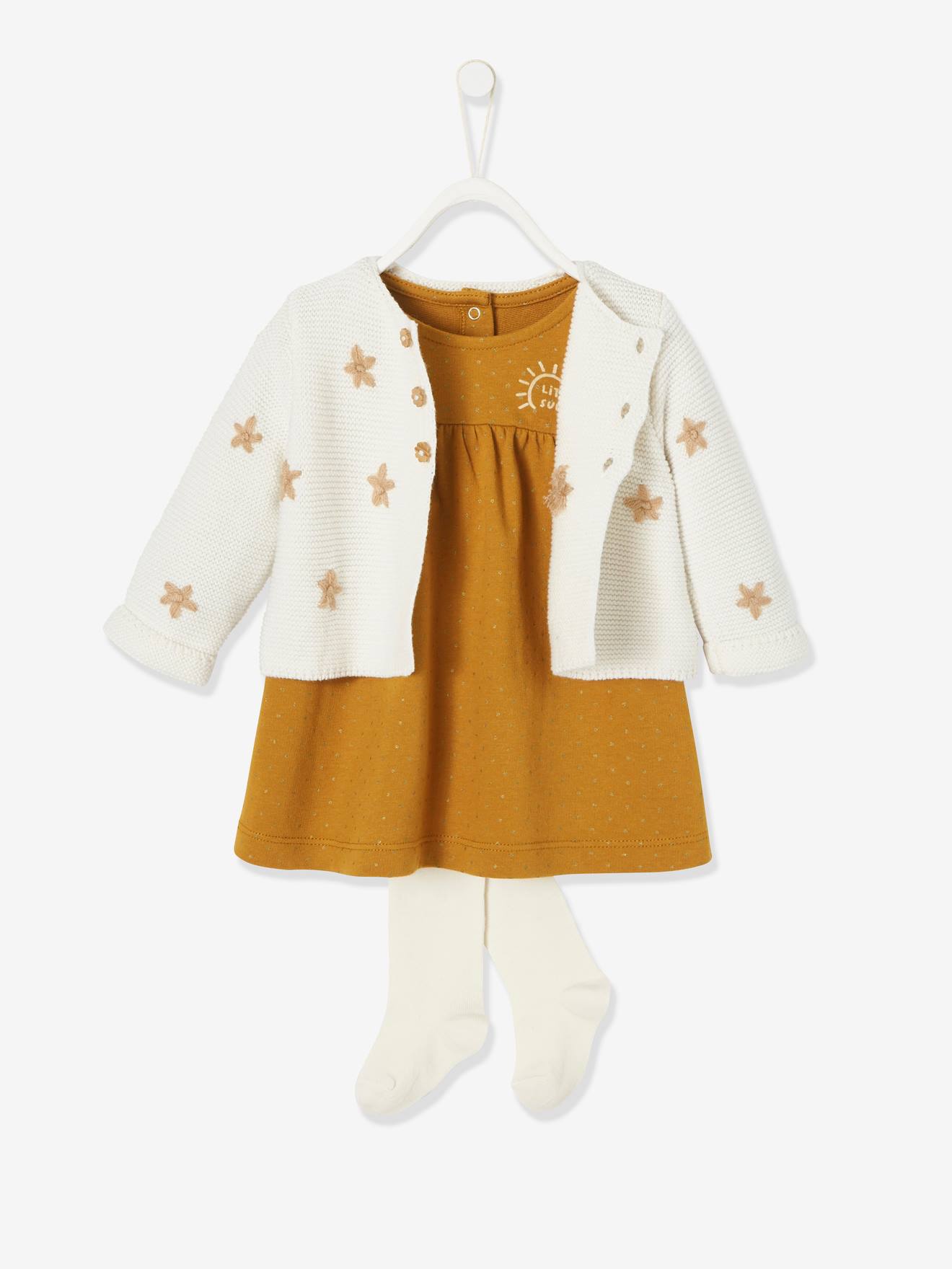 Ensemble cardigan brodé + robe en molleton + collant bébé caramel imprimé