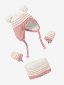 Bébé-Accessoires-Bonnet, écharpe, gants-Ensemble rayé bonnet + snood + moufles bébé fille