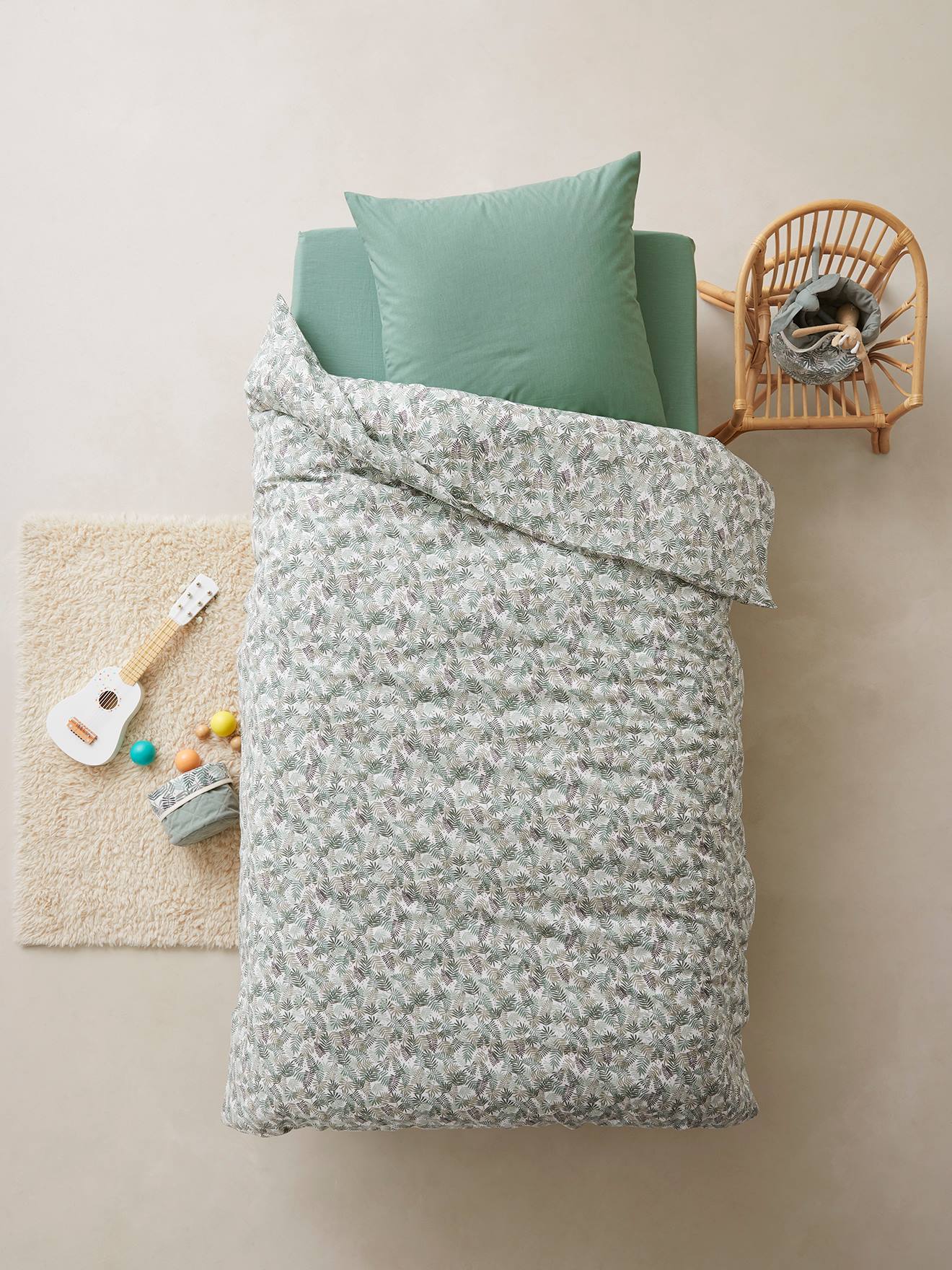 Parure housse de couette + taie d'oreiller essentiels enfant TROPICAL Basics vert