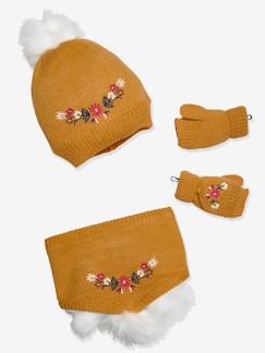 Fille-Accessoires-Bonnet, écharpe, gants-Ensemble fille bonnet + snood + mitaines brodé fleurs