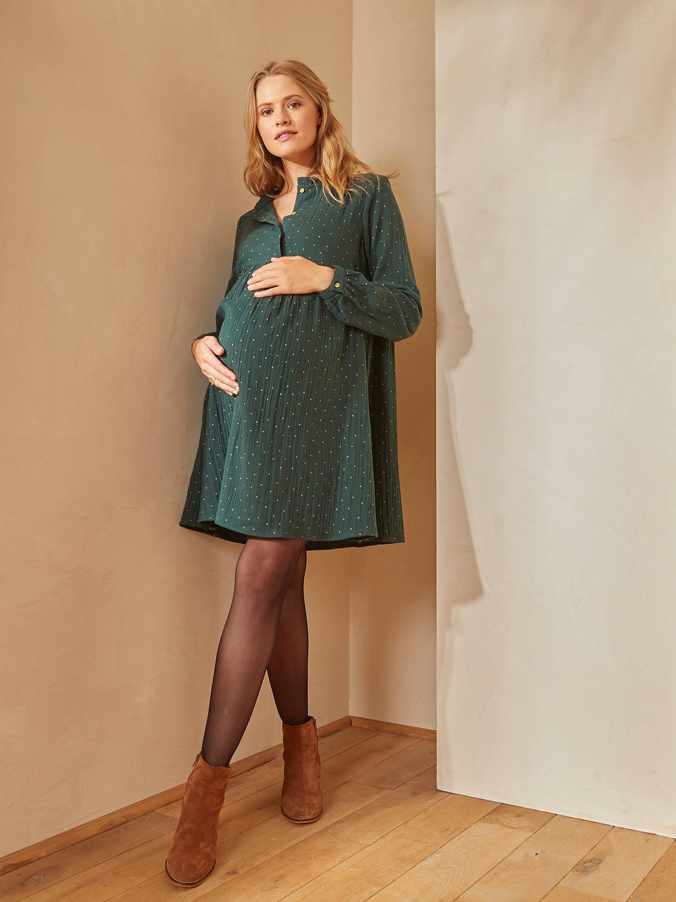 Robe imprimée gaze de coton grossesse et allaitement vert