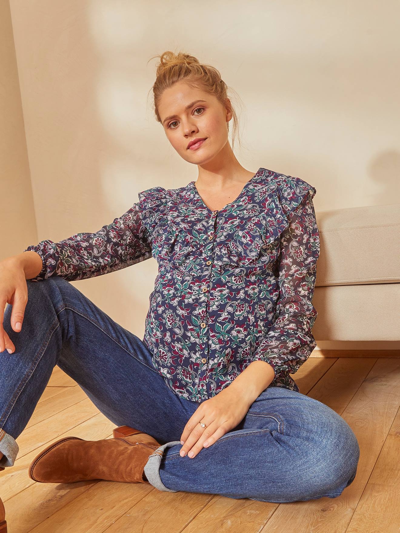 Blouse imprimée volantée grossesse et allaitement bleu aop