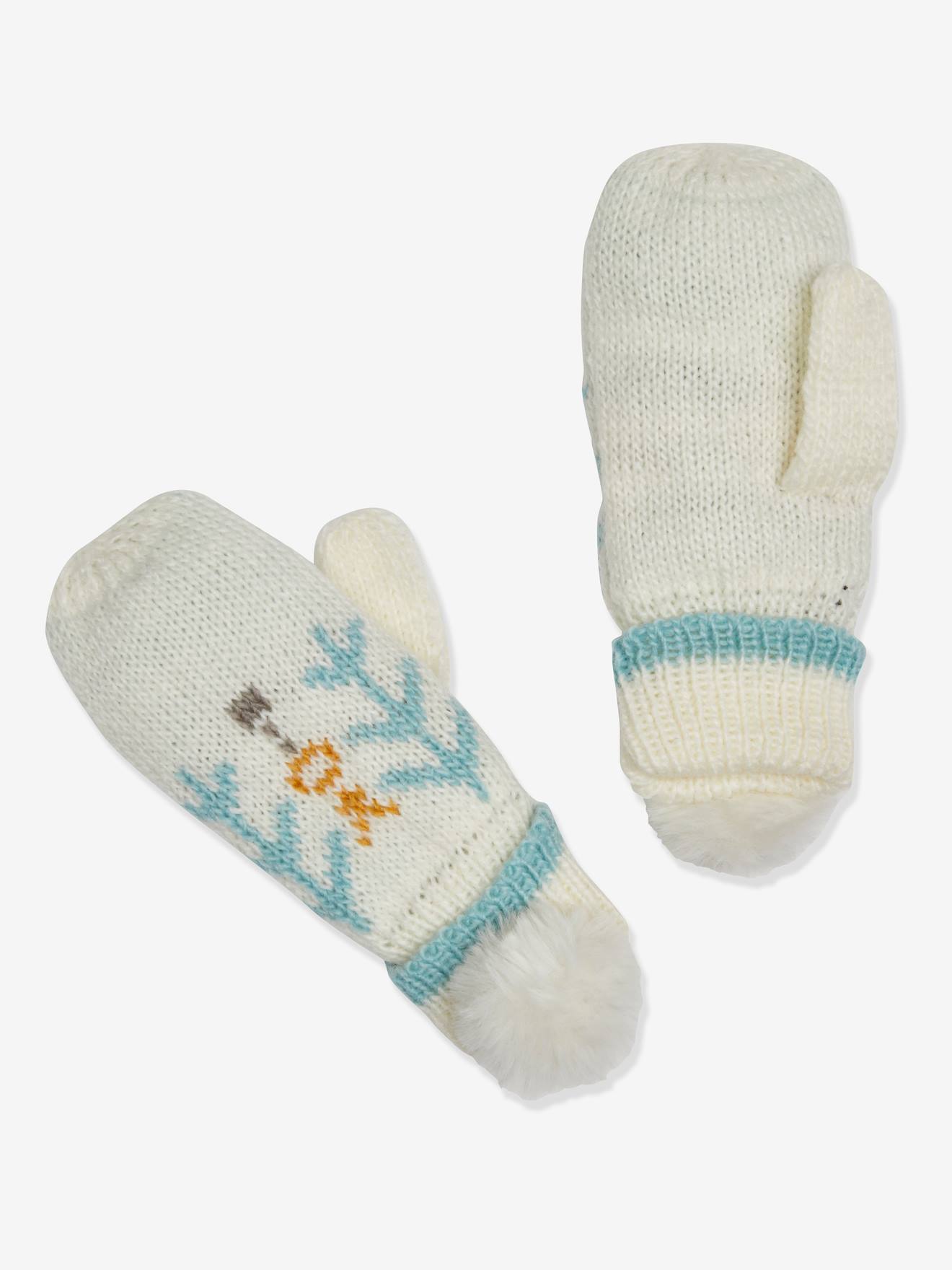 Gants fille en maille jacquard et pompons en fausse fourrure beige imprimé
