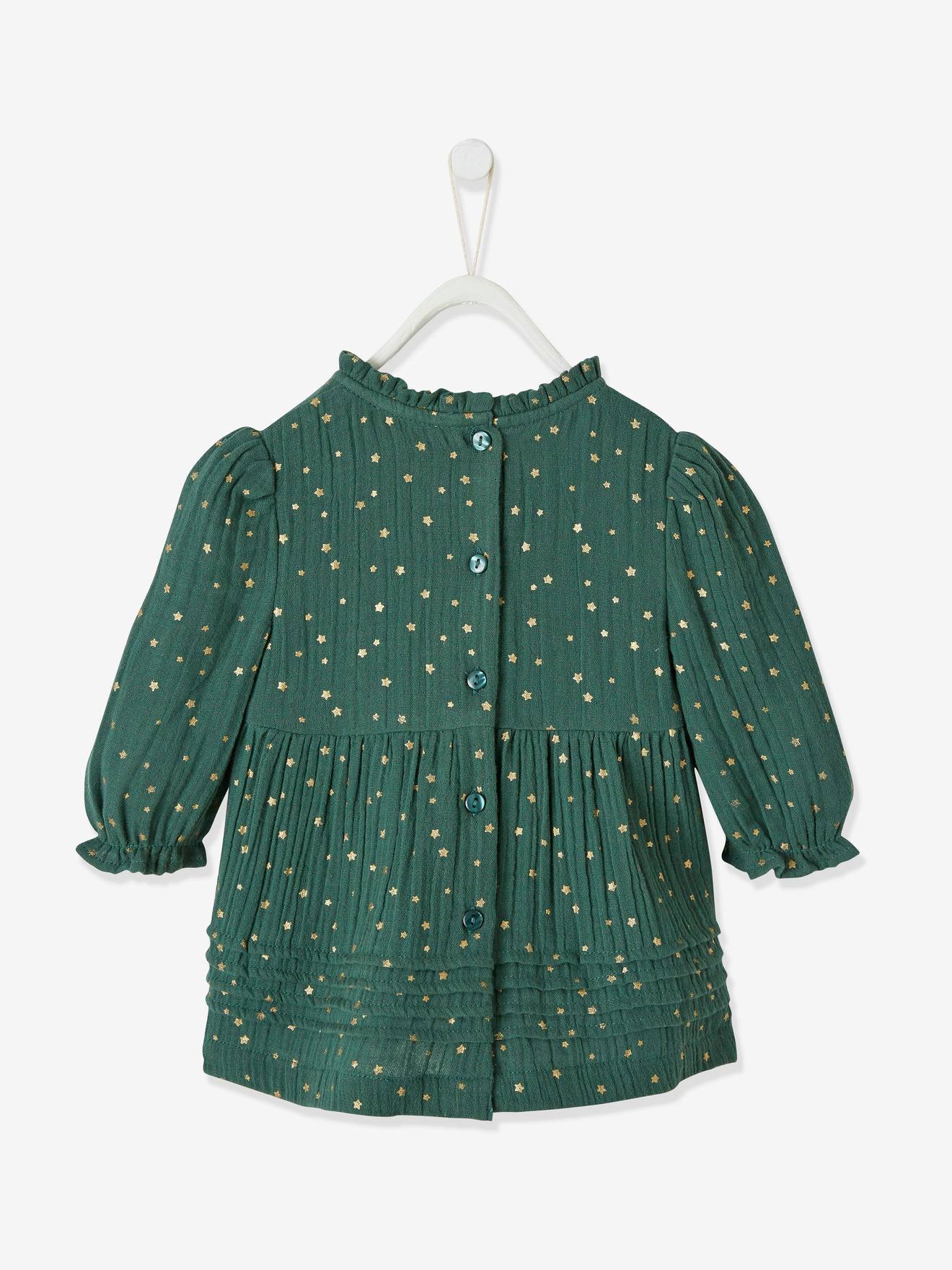 Robe bébé fille en gaze de coton ouverture décalée vert foncé imprimé (Vertbaudet) - Image 2