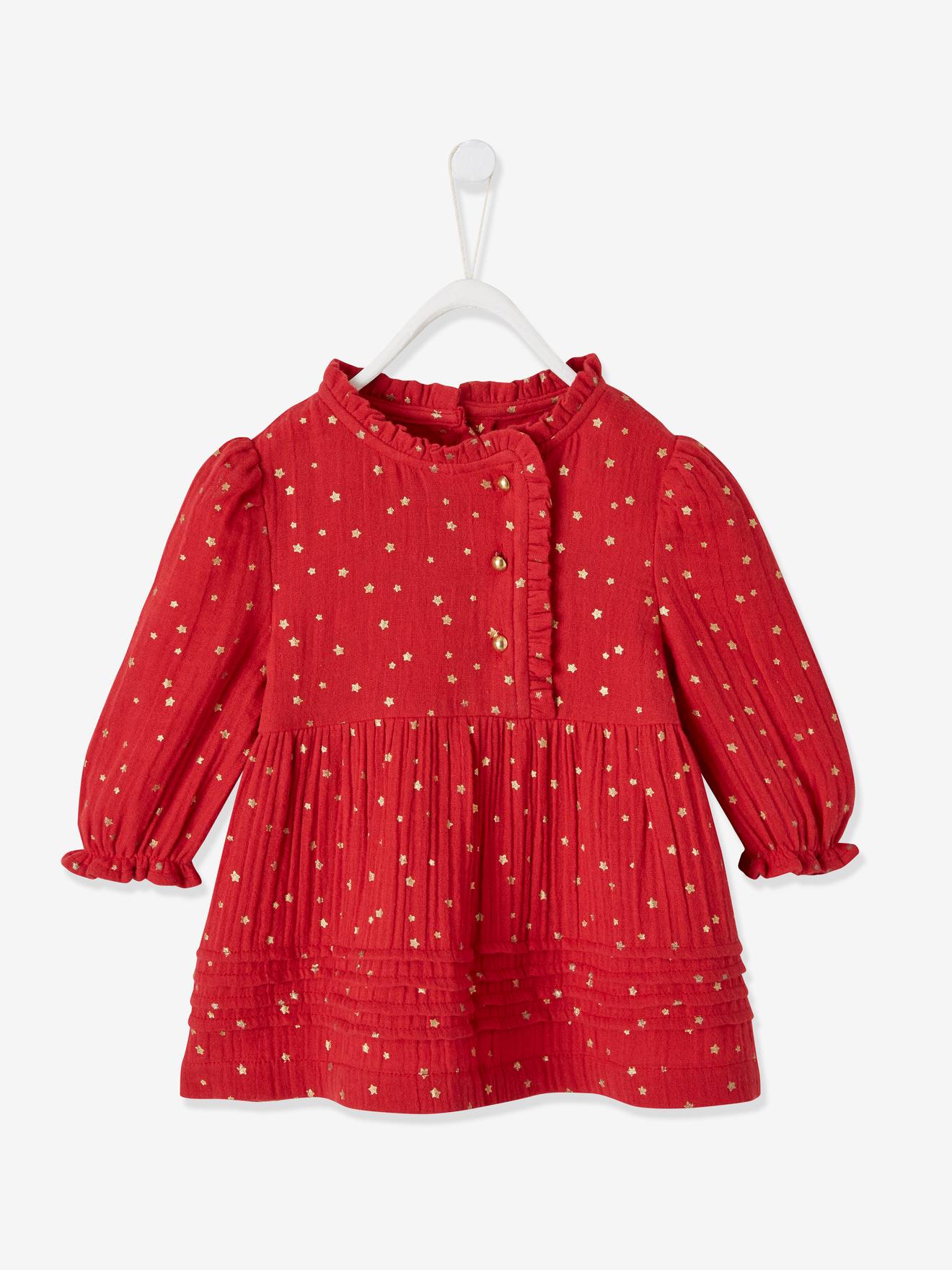 Robe bébé fille en gaze de coton ouverture décalée rouge foncé imprimé
