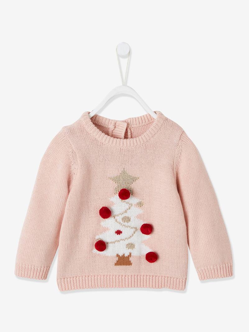 Pull de Noël bébé sapin et pompons rose pâle Vertbaudet