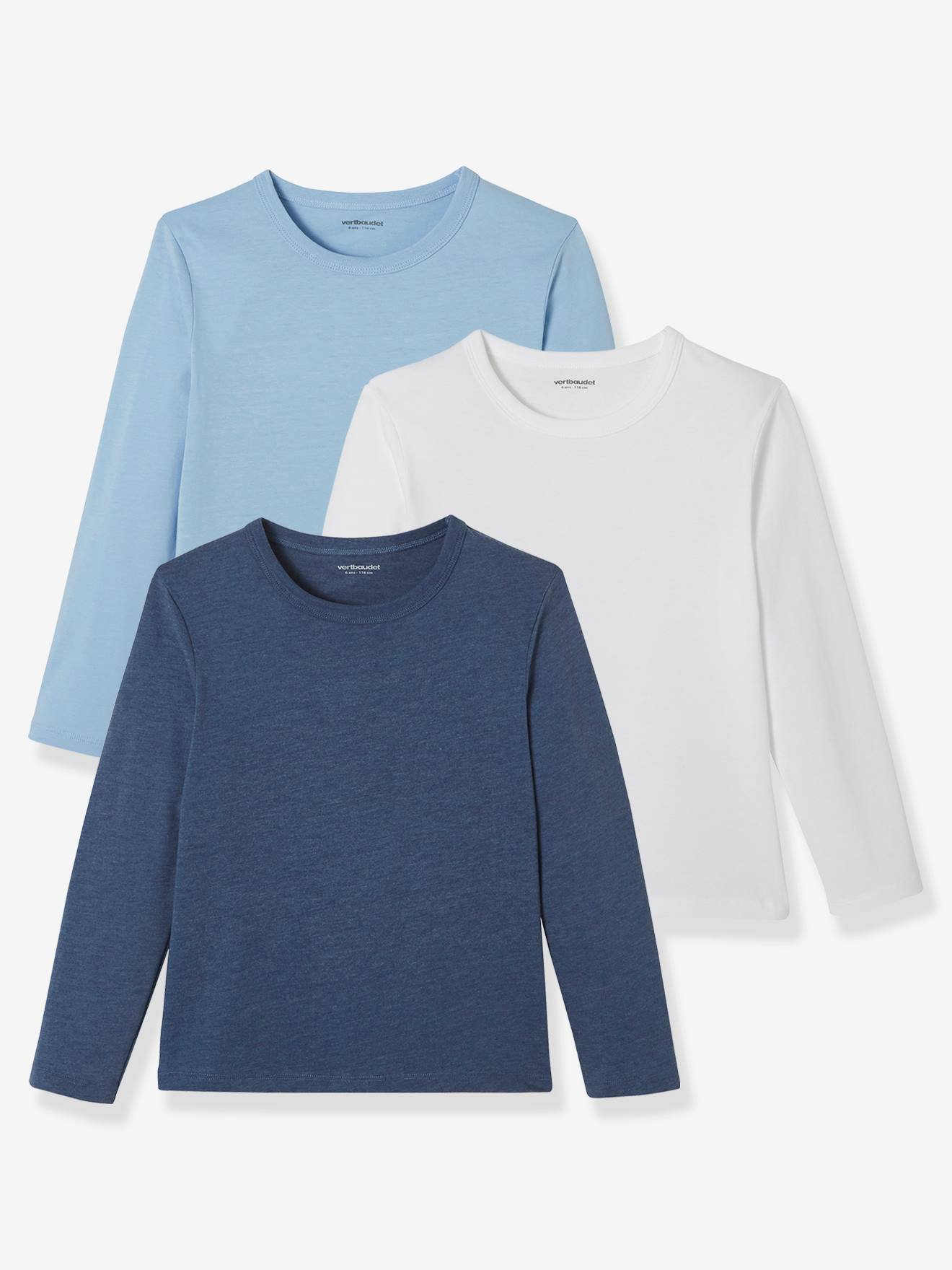 Lot de 3 T-shirts garçon manches longues BASICS lot camaieu bleu