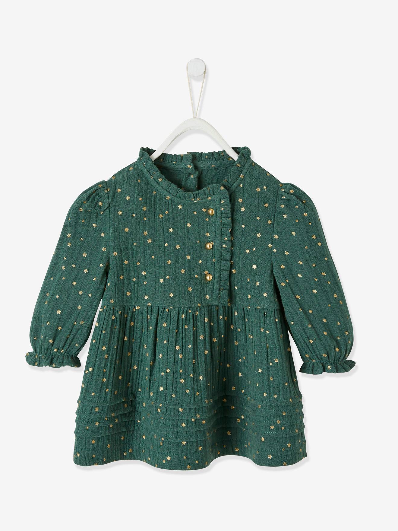 Robe bébé fille en gaze de coton ouverture décalée vert foncé imprimé (Vertbaudet) - Image 1