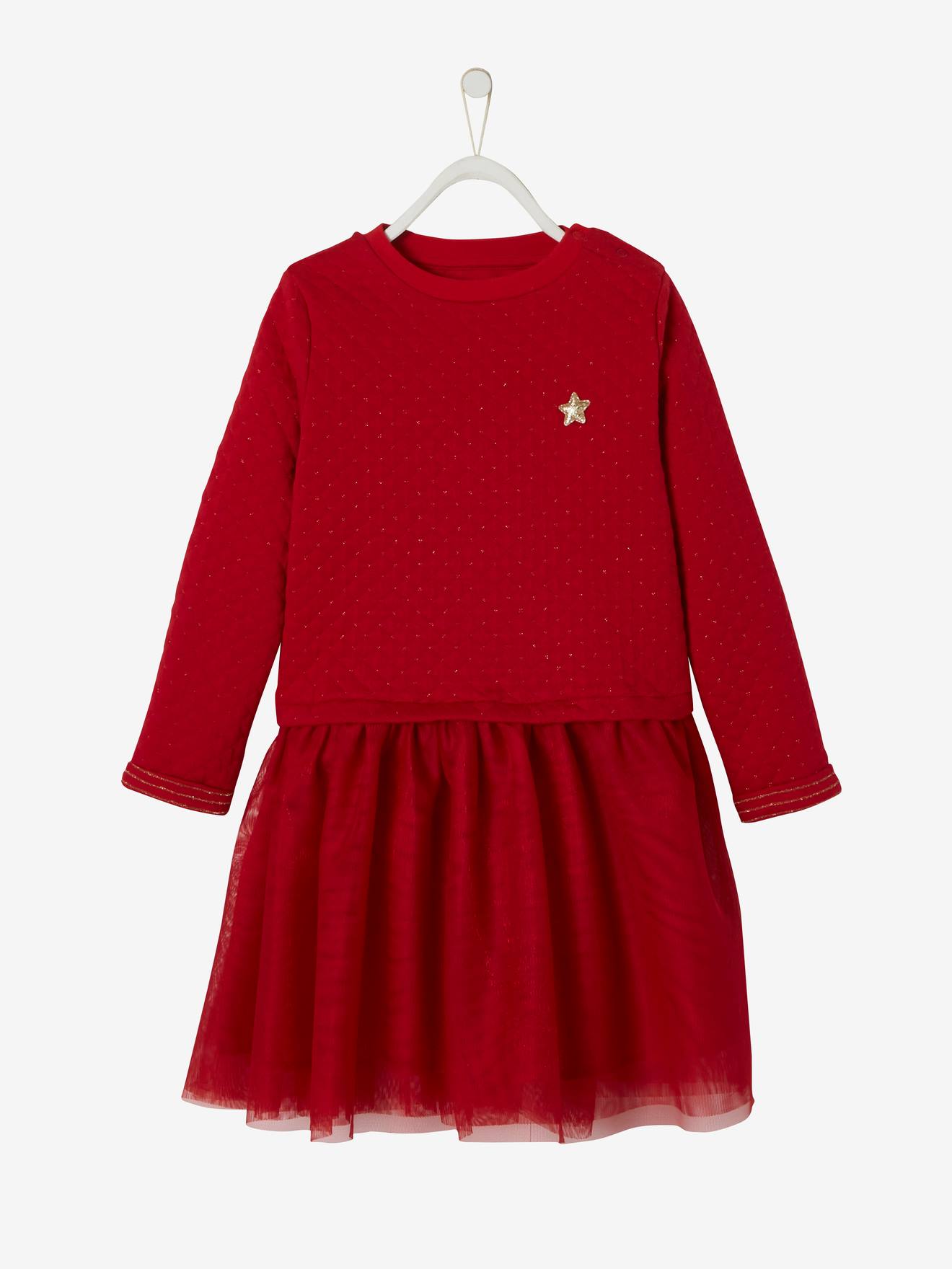 Robe de Noël fille bi-matière rouge brique