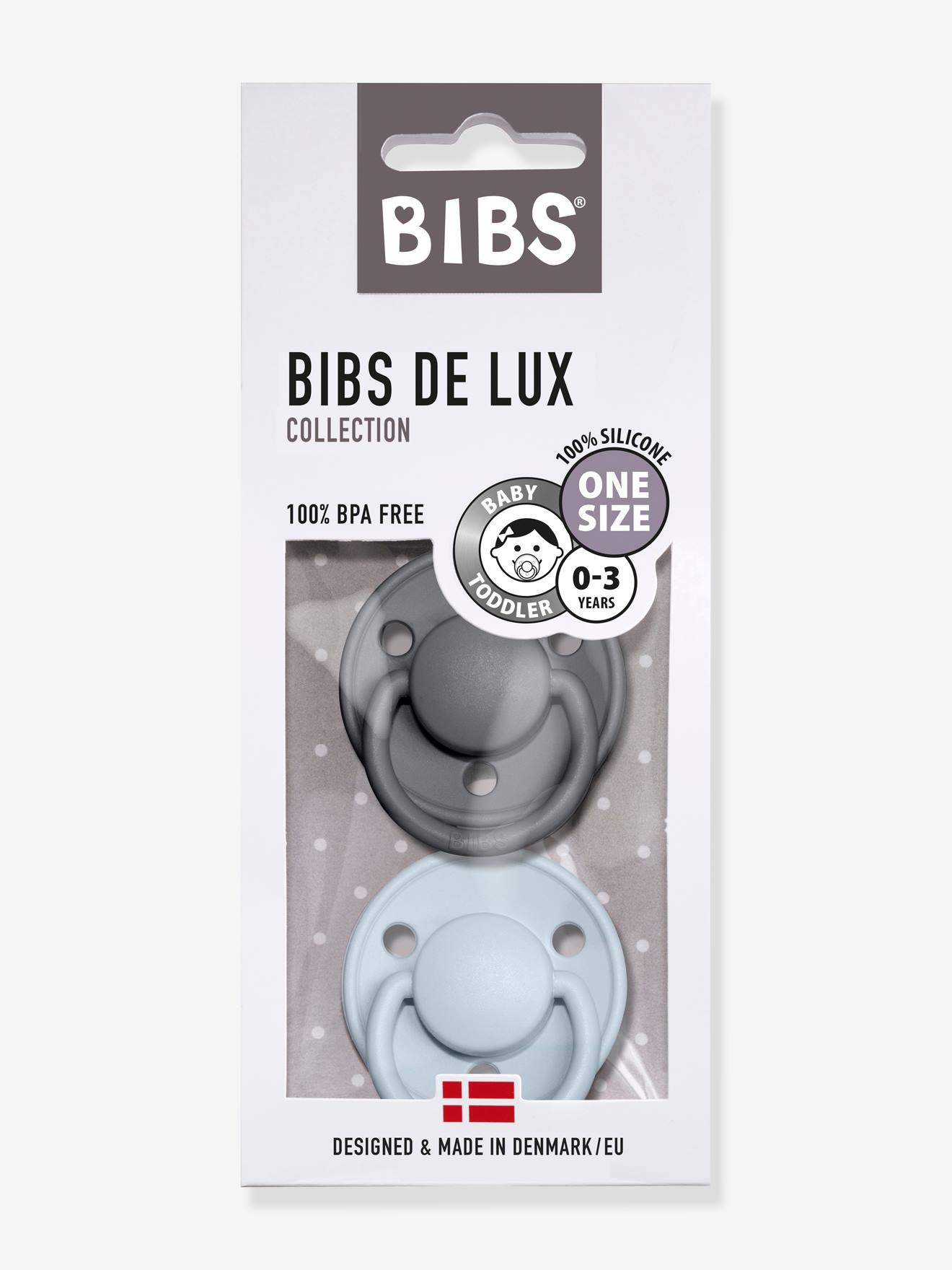 Lot de 2 sucettes-tétines BIBS De Lux en silicone gris fer + bleu layette