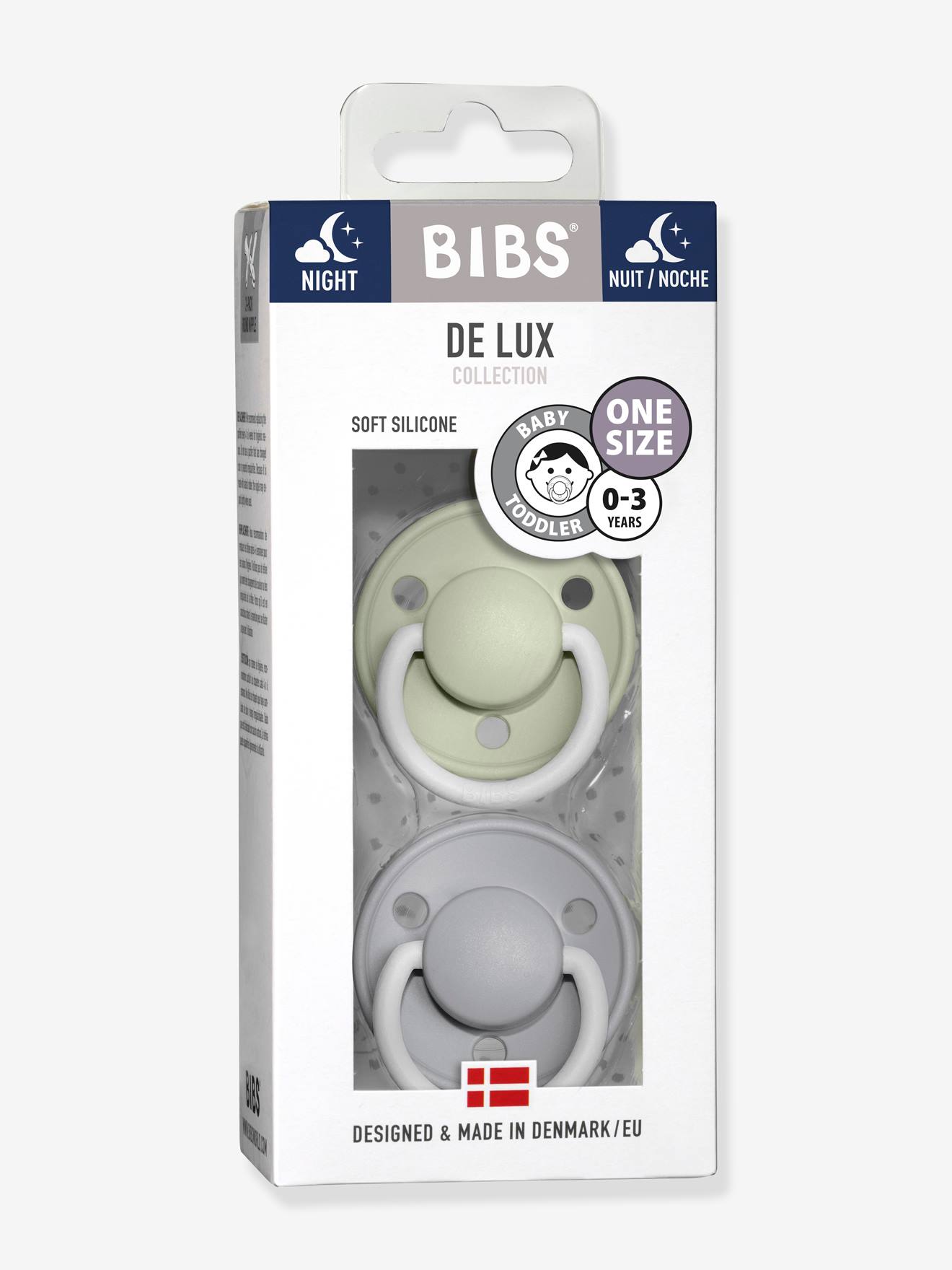 Lot de 2 sucettes-tétines De Lux en silicone BIBS vert amande + gris nuage