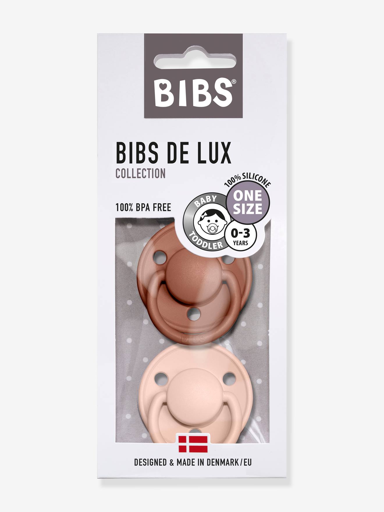 Lot de 2 sucettes-tétines De Lux en silicone BIBS terracotta + rose poudré