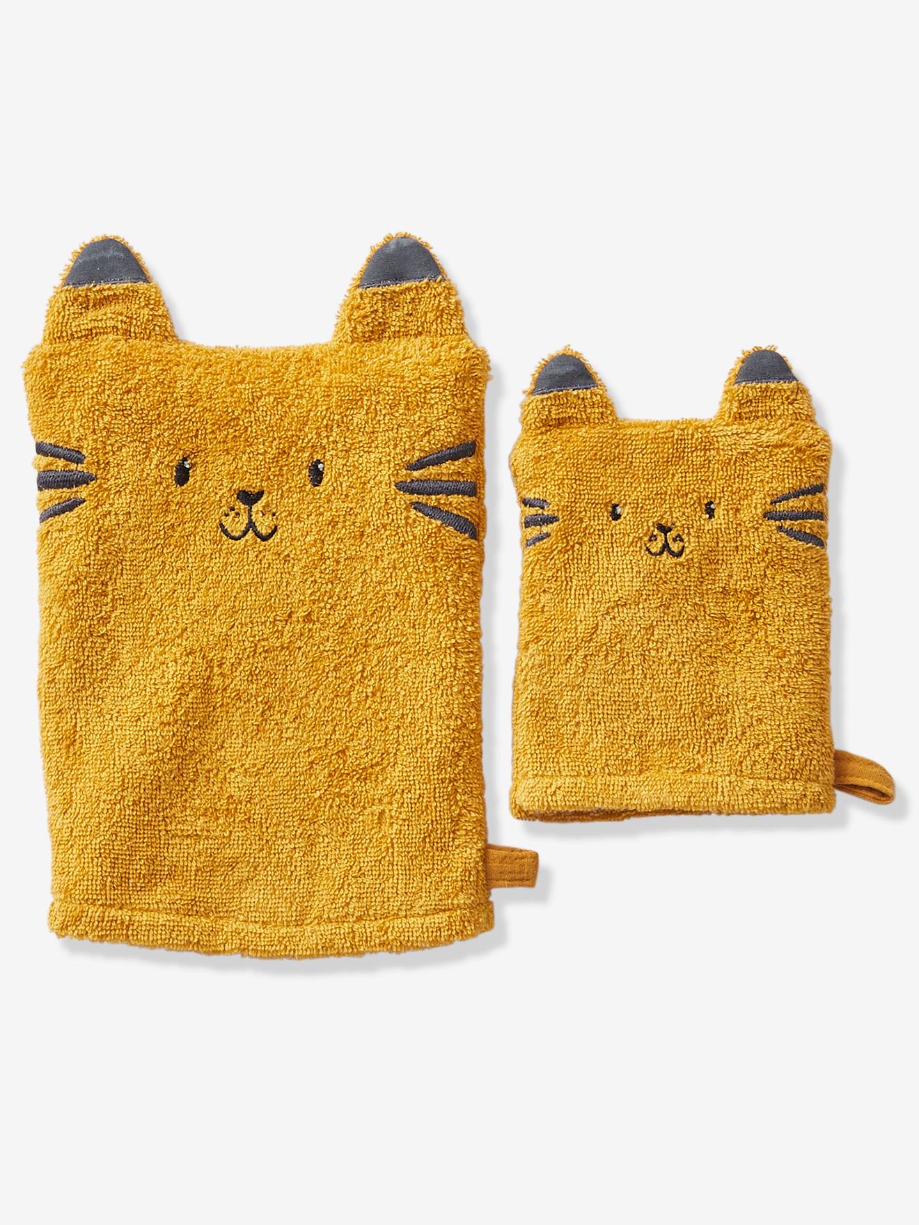Lot de 2 gants de toilette parent/enfant en coton bio*, Oeko-Tex® ocre / noir