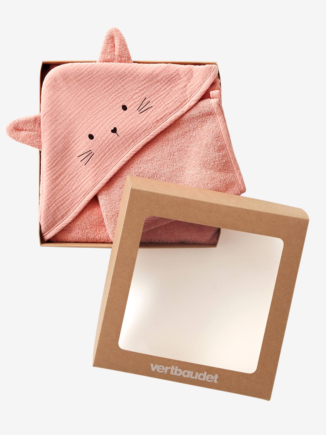 Cape de bain gaze de coton et gant de toilette BIO* rose (Vertbaudet) - Image 1