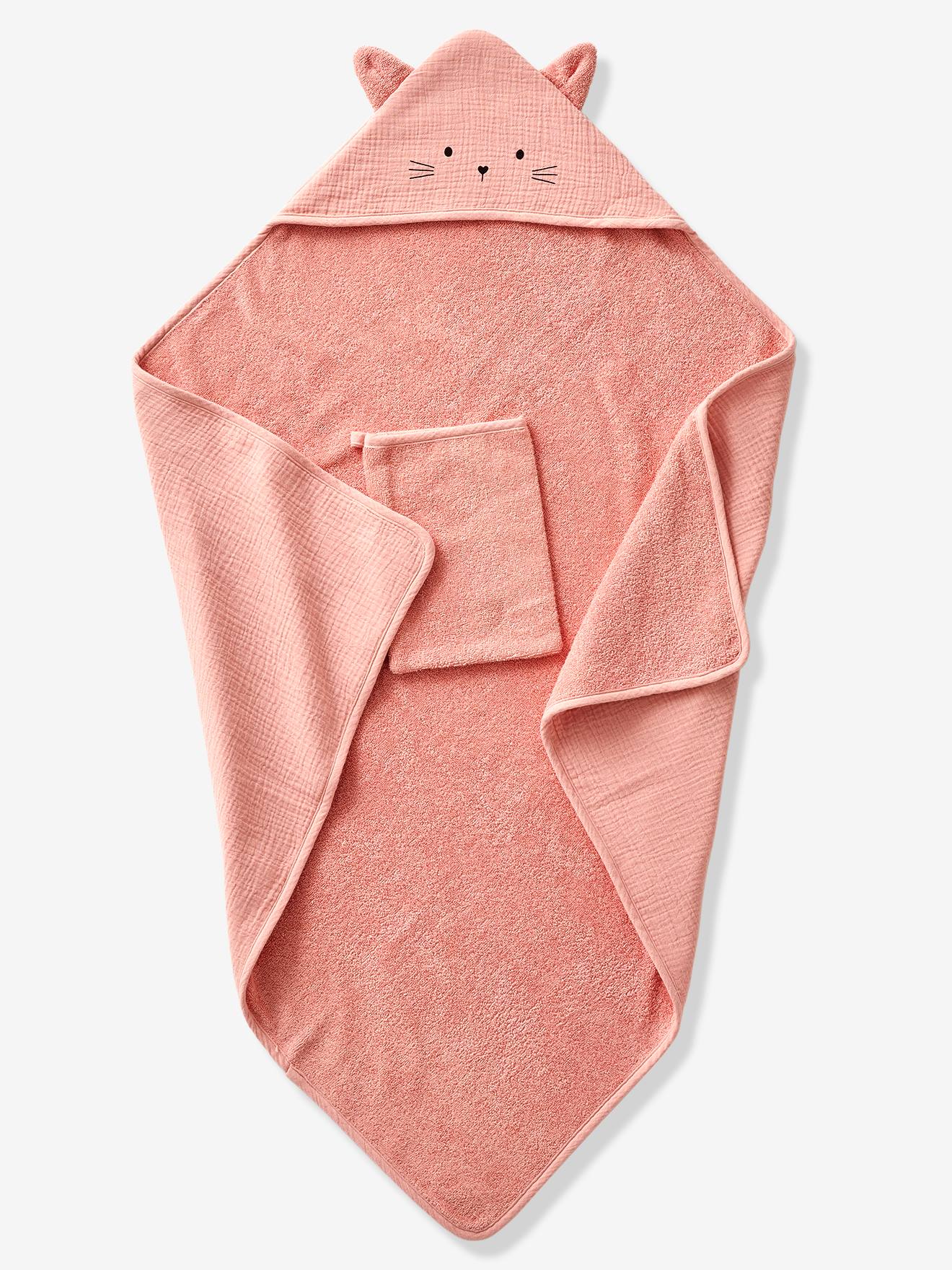 Cape de bain gaze de coton et gant de toilette BIO* rose (Vertbaudet) - Image 2