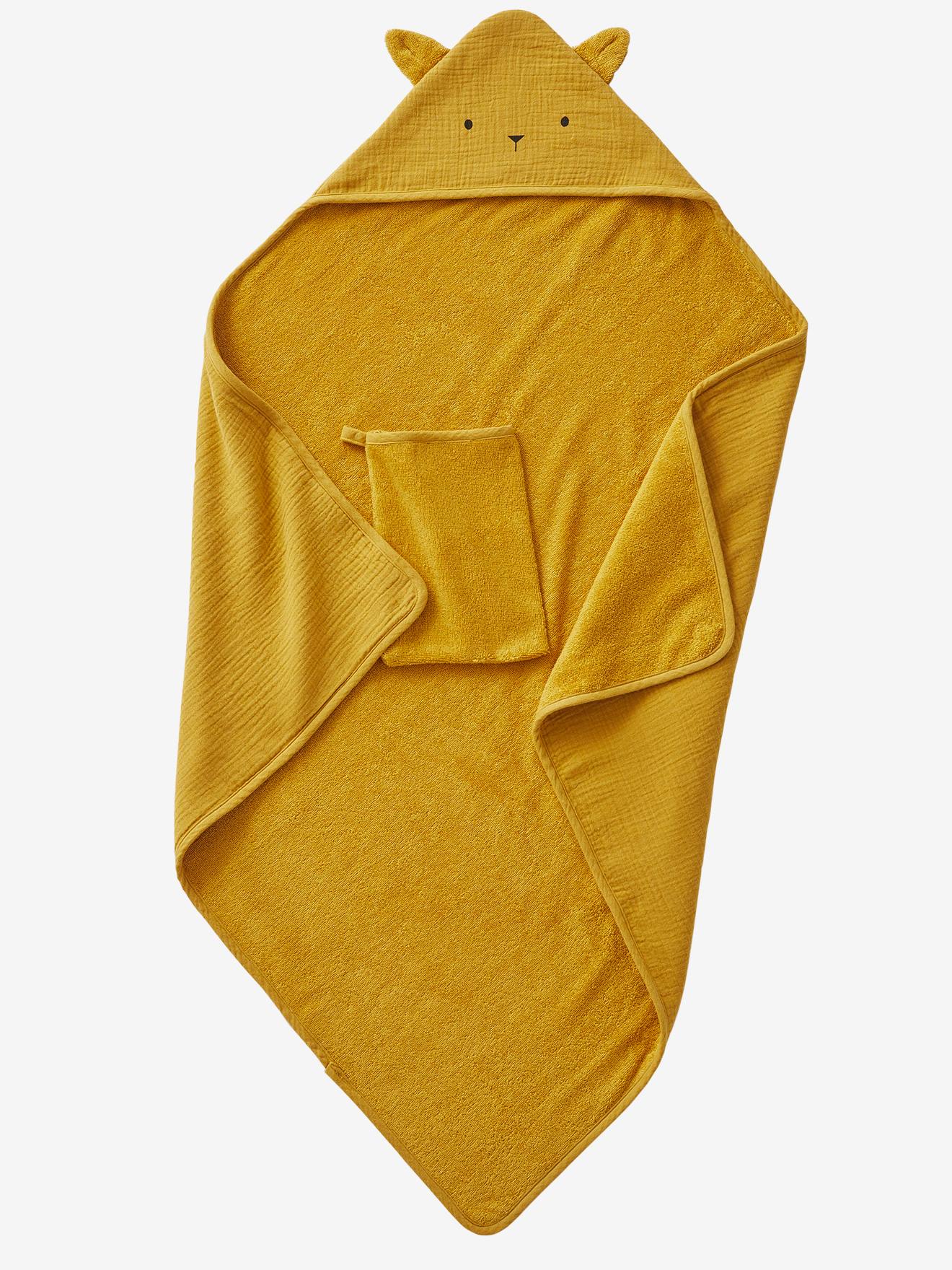Cape de bain gaze de coton et gant de toilette BIO* ocre (Vertbaudet) - Image 1