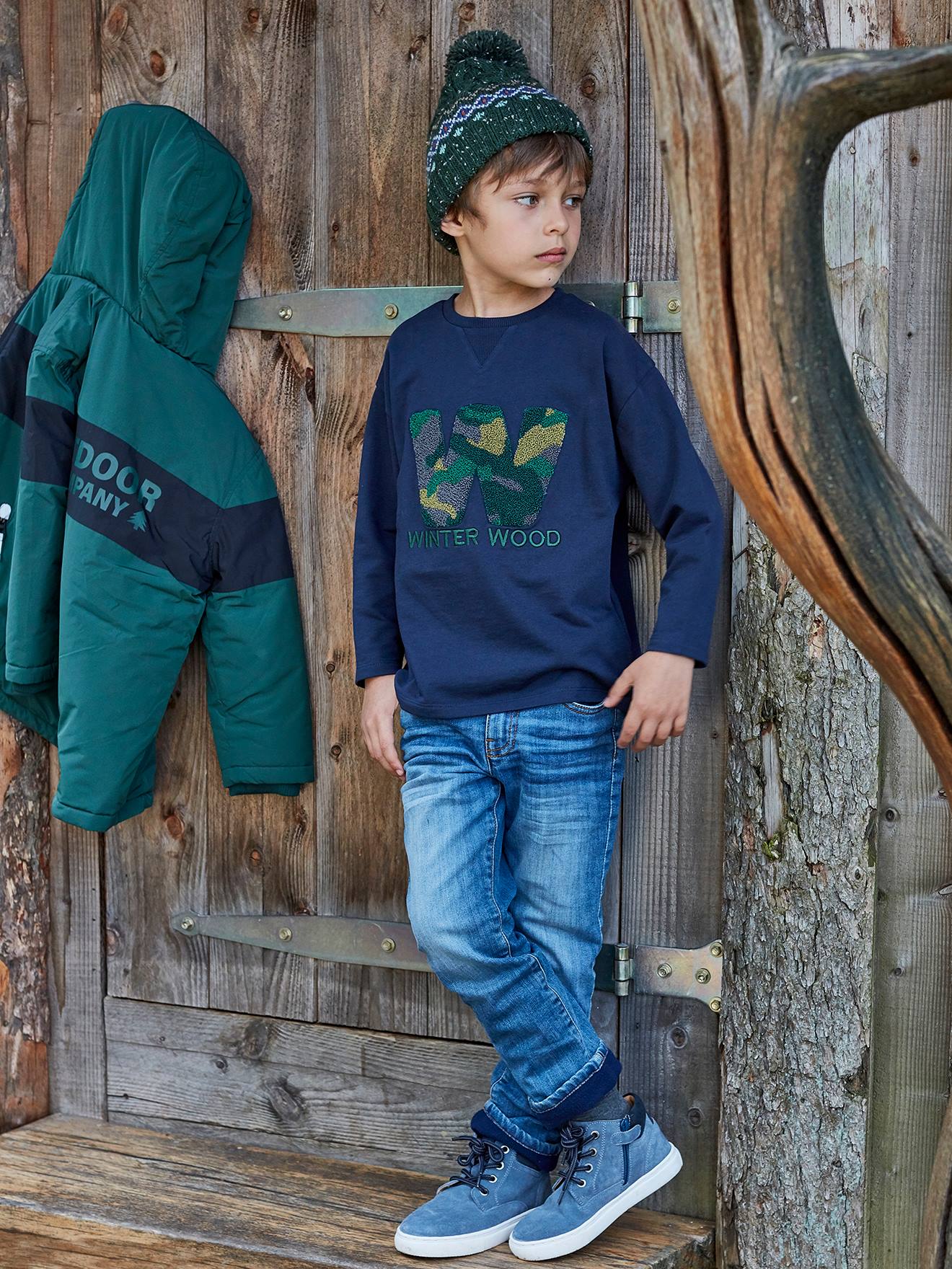 T-shirt winter wood garçon détails en bouclettes et brodés navy