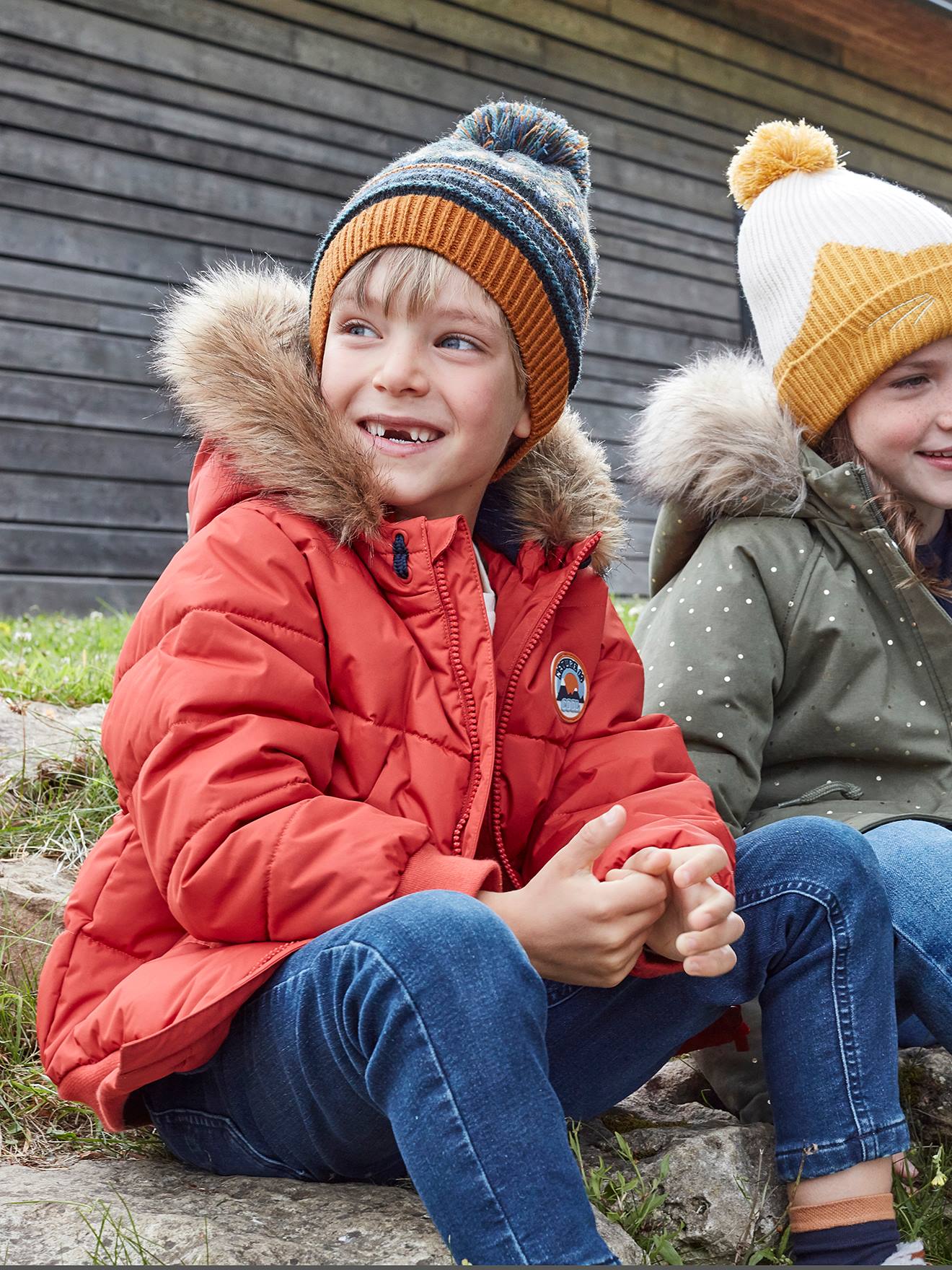 Doudoune à capuche garçon doublée maille polaire rouge orangé vif