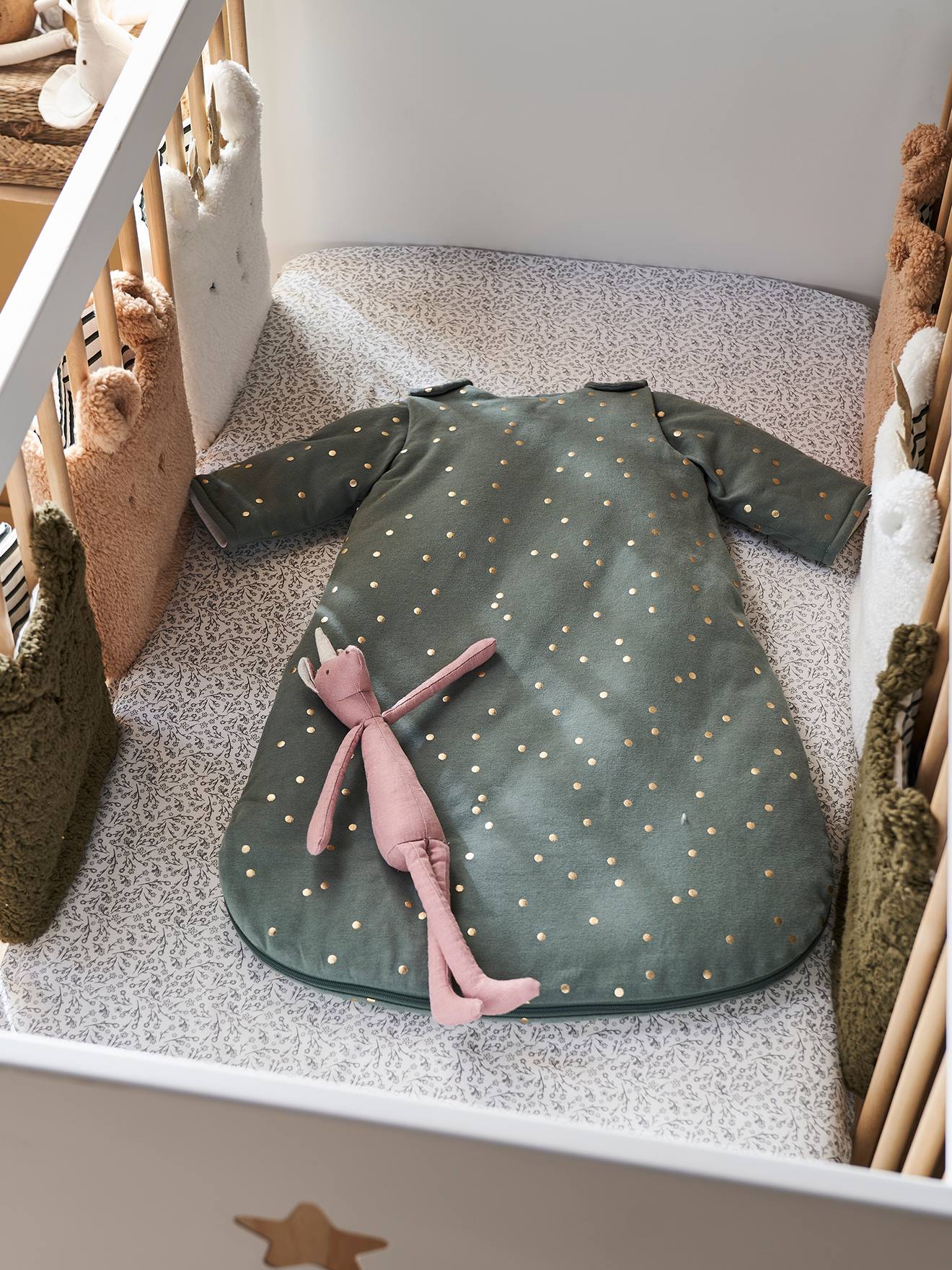 Drap-housse bébé GREEN FOREST écru / gris (Vertbaudet) - Image 1